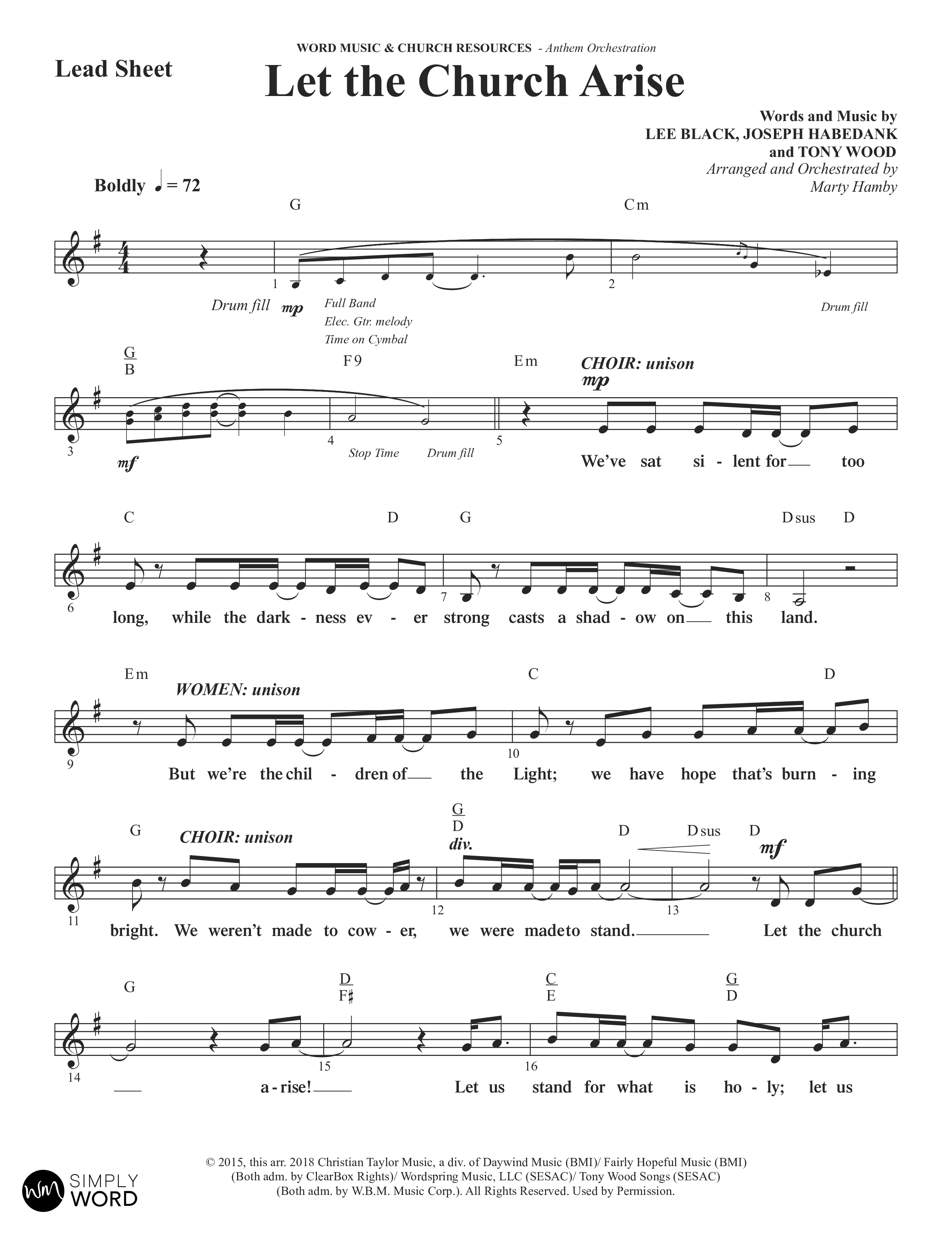 Let The Church Arise (Choral Anthem SATB) Lead Sheet (Melody) (Word Music Choral / Arr. Marty Hamby)