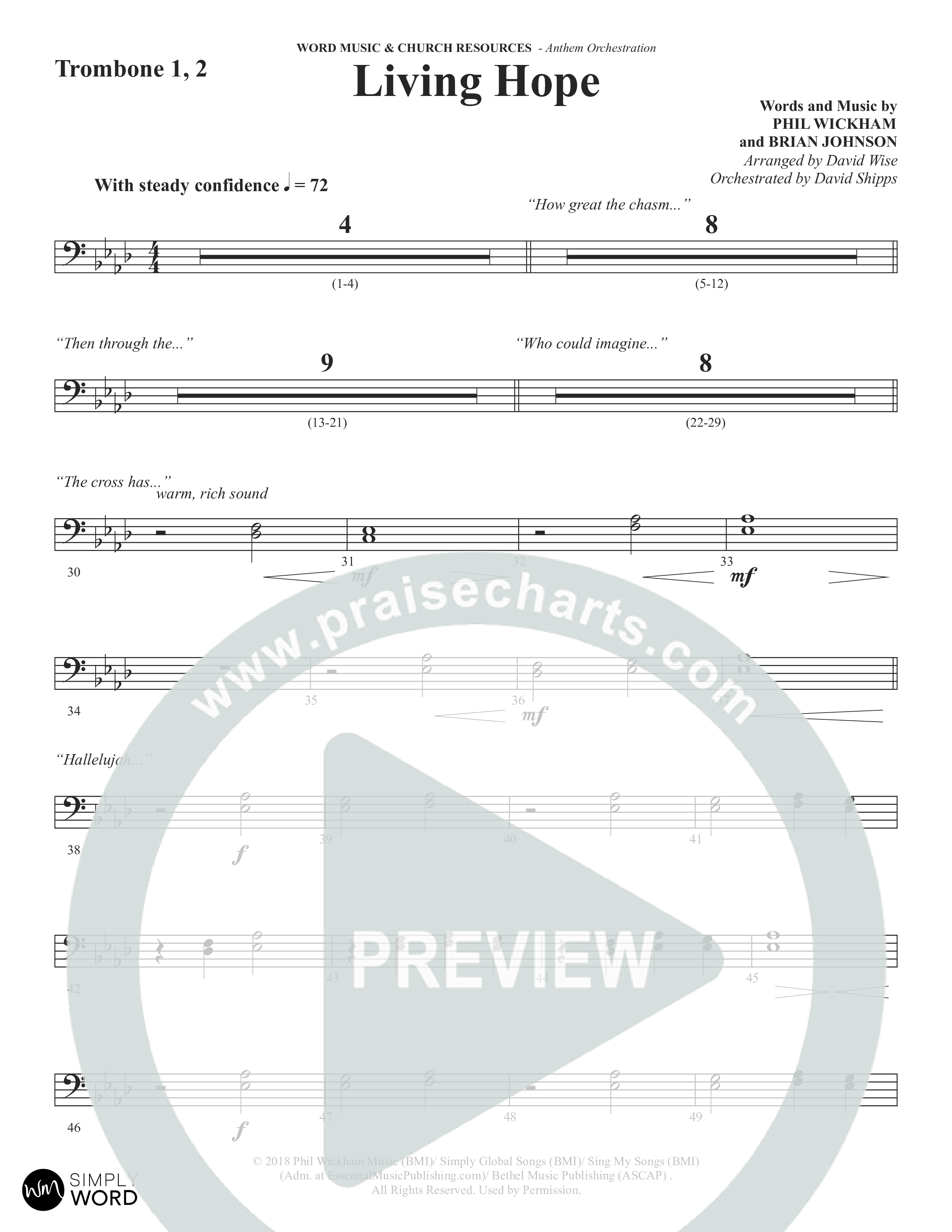 Living Hope (Choral Anthem SATB) Trombone 1/2 (Word Music Choral / Arr. David Wise)