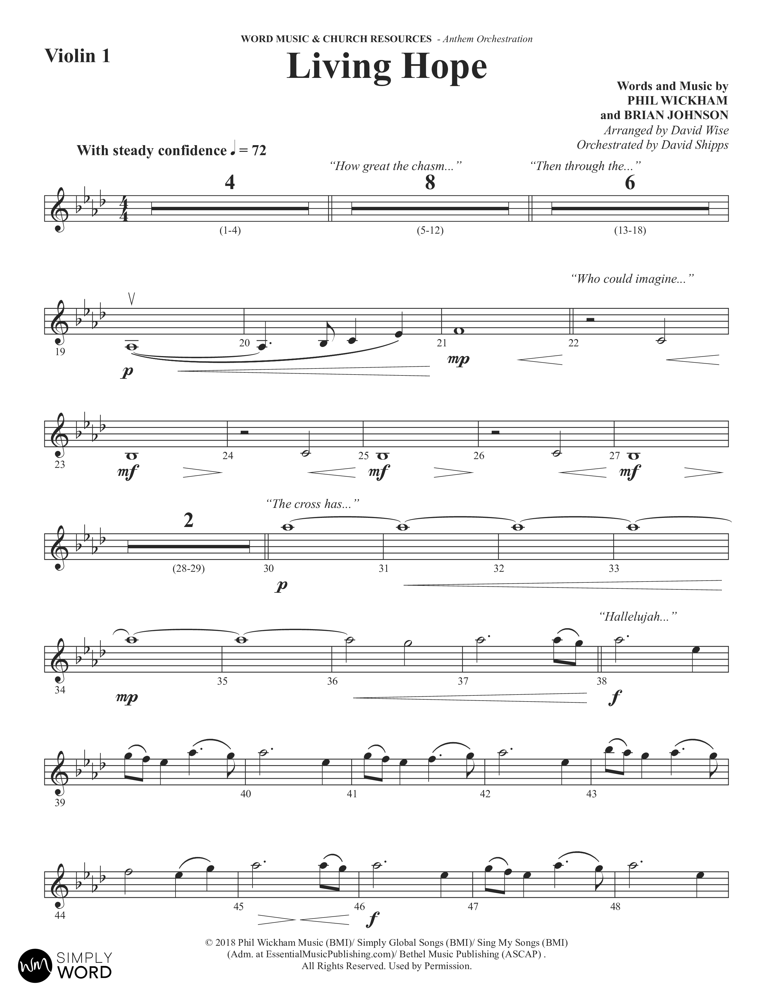 Living Hope (Choral Anthem SATB) Violin 1/2 (Word Music Choral / Arr. David Wise)