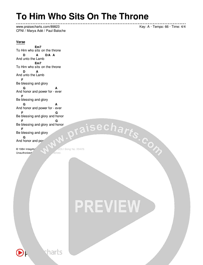 To Him Who Sits On The Throne Chord Chart (Paul Baloche / Marya Adé / CFNI)