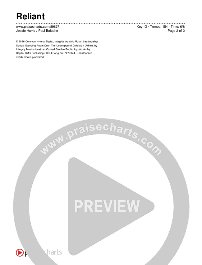 Reliant Chord Chart (Paul Baloche / Jessie Harris)