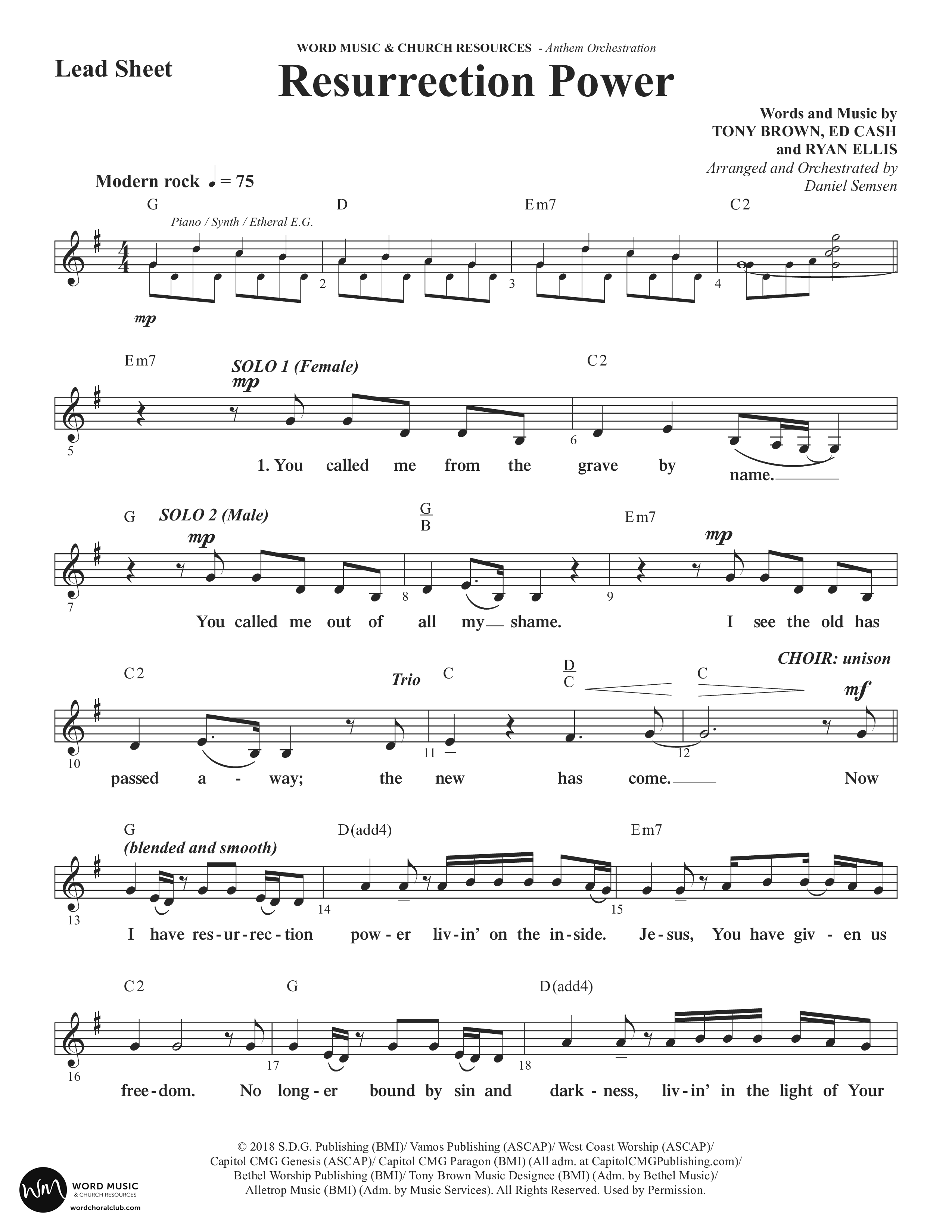 Resurrection Power (Choral Anthem SATB) Lead Sheet (Melody) (Word Music Choral / Arr. Daniel Semsen)