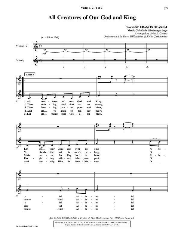 All Creatures Of Our God And King Violin 1/2 (St. Francis of Assisi)