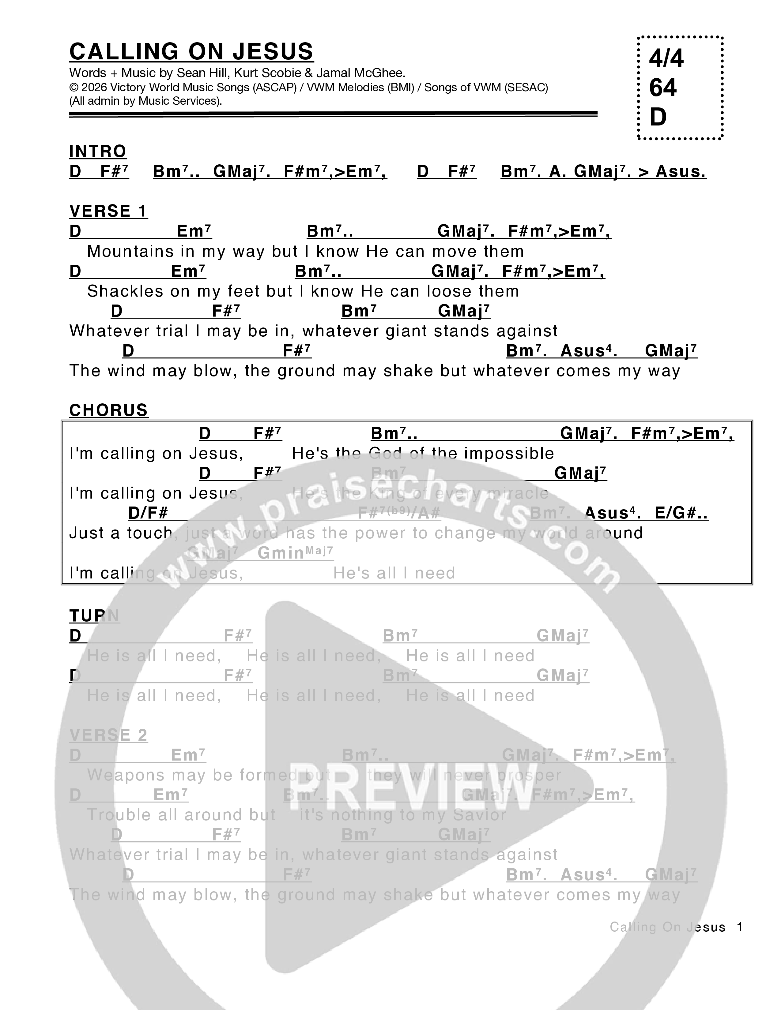 Calling On Jesus Chord Chart (Victory House Worship)