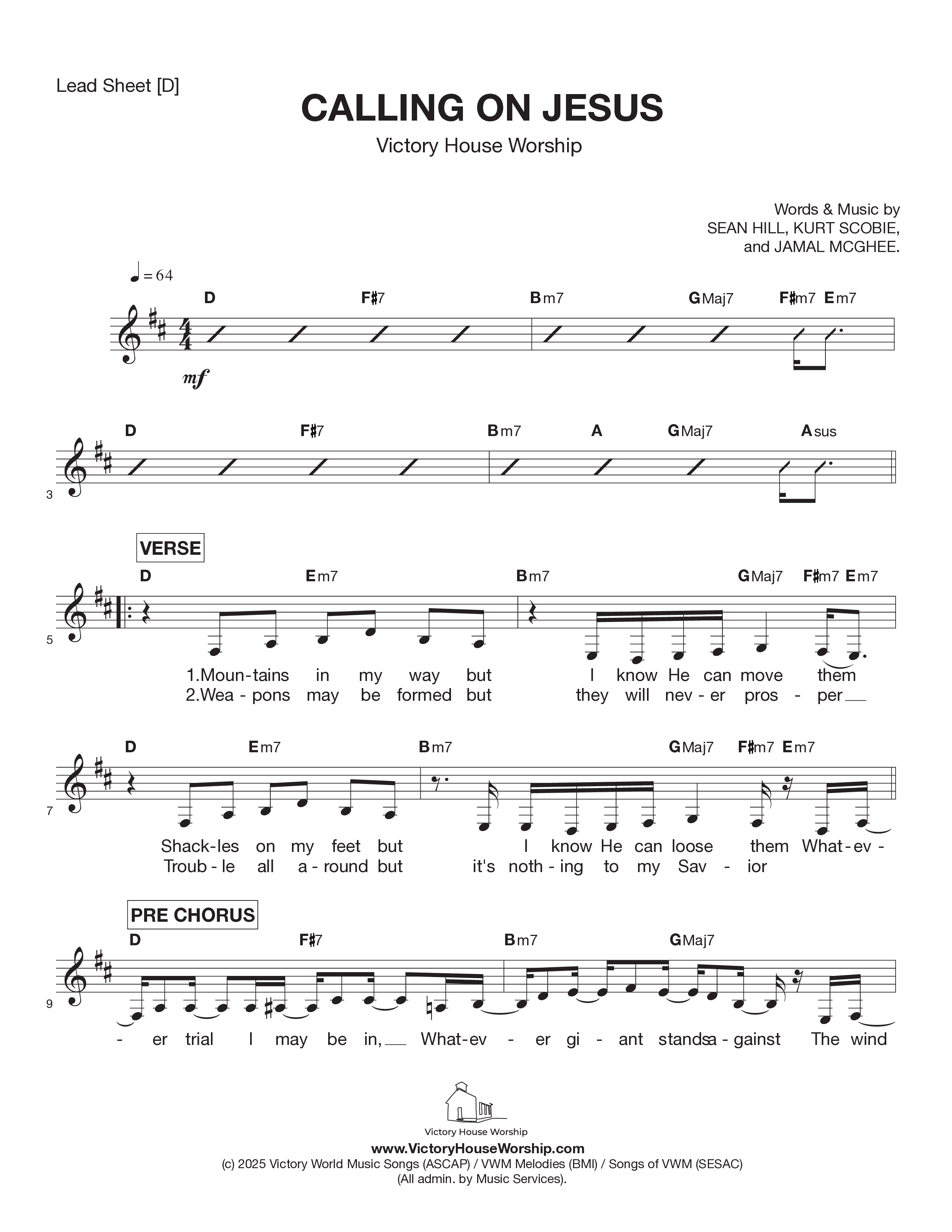 Calling On Jesus Lead Sheet Melody (Victory House Worship)