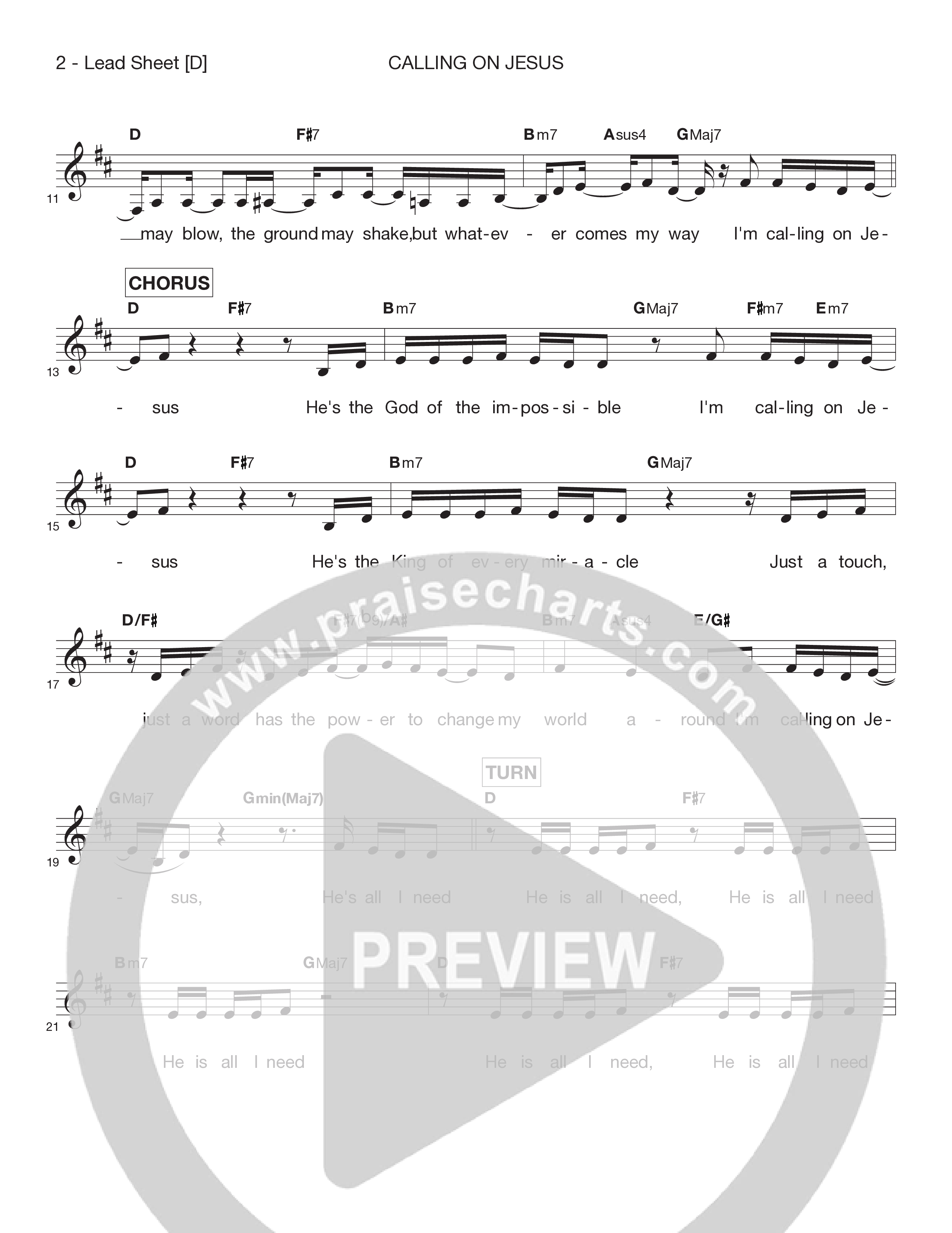 Calling On Jesus Lead Sheet Melody (Victory House Worship)