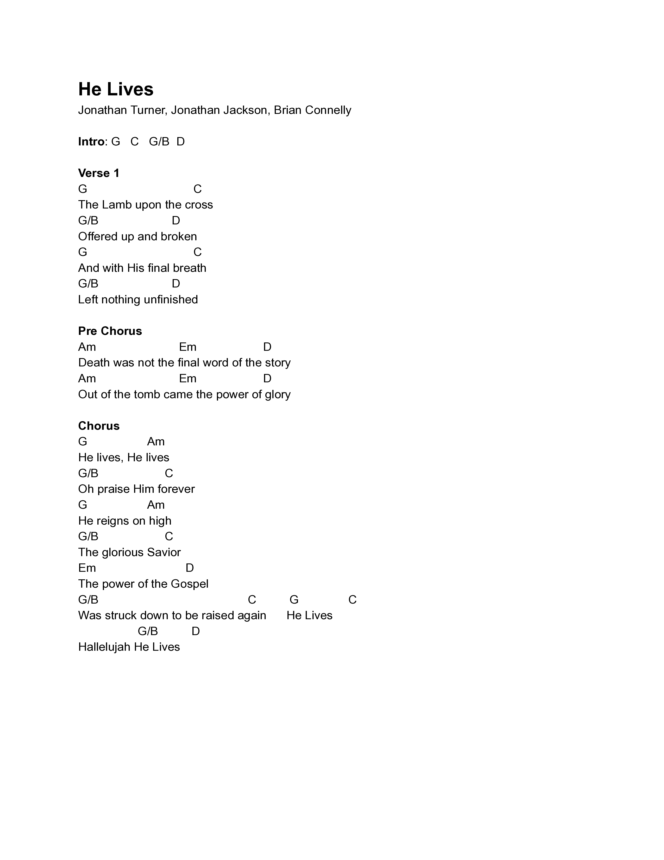 He Lives Chord Chart (Jonathan Turner / Brian Connelly)