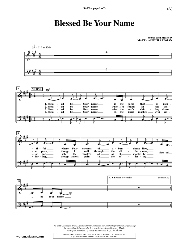 Blessed Be Your Name Choir Vocals (SATB) (Matt Redman)