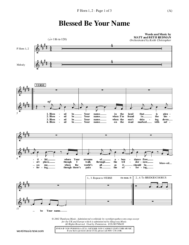 Blessed Be Your Name French Horn (Matt Redman)