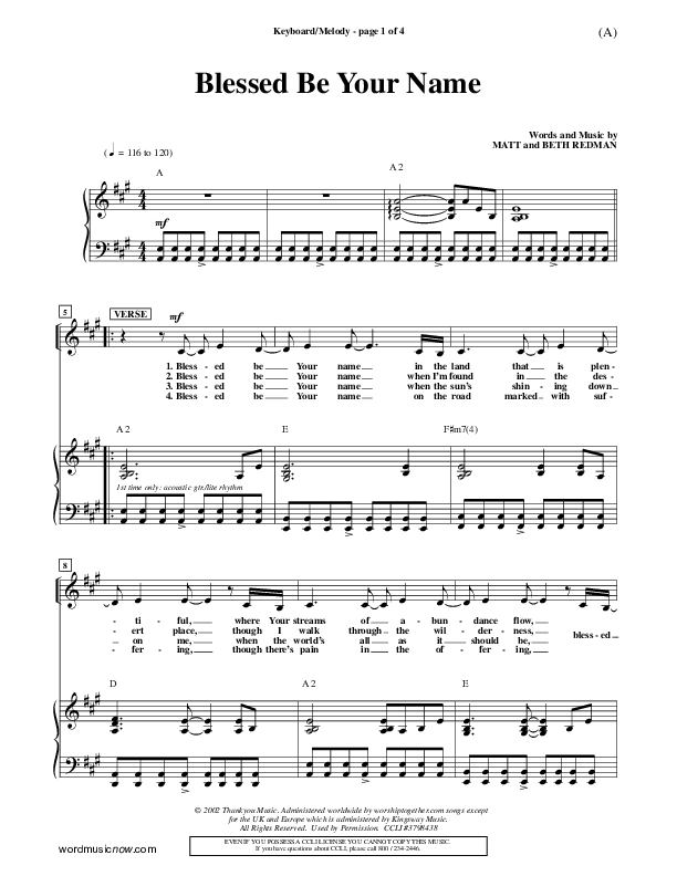 Blessed Be Your Name Piano/Vocal (Matt Redman)