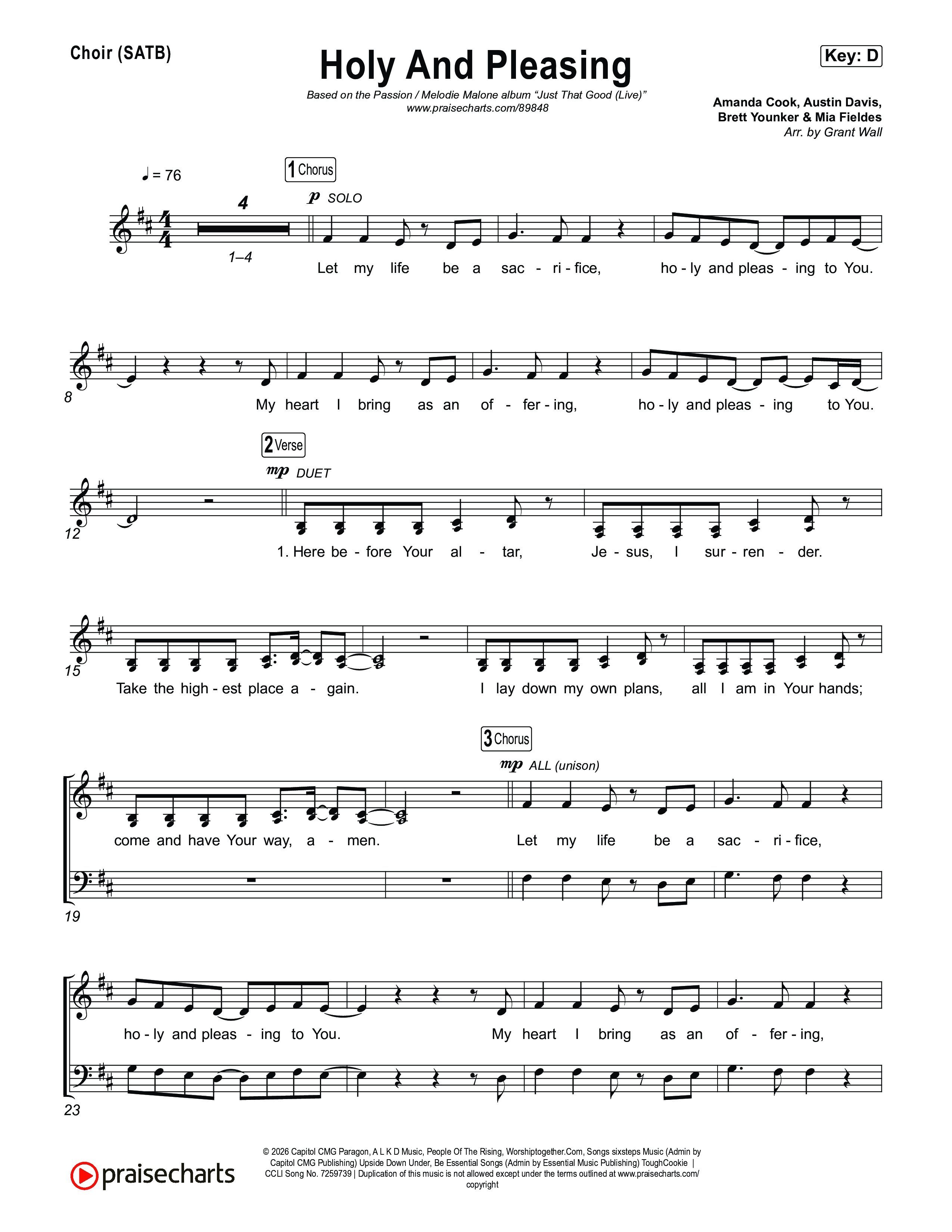 Holy And Pleasing (Live From Passion 2026) Choir Sheet (SATB) (Passion / Melodie Malone)