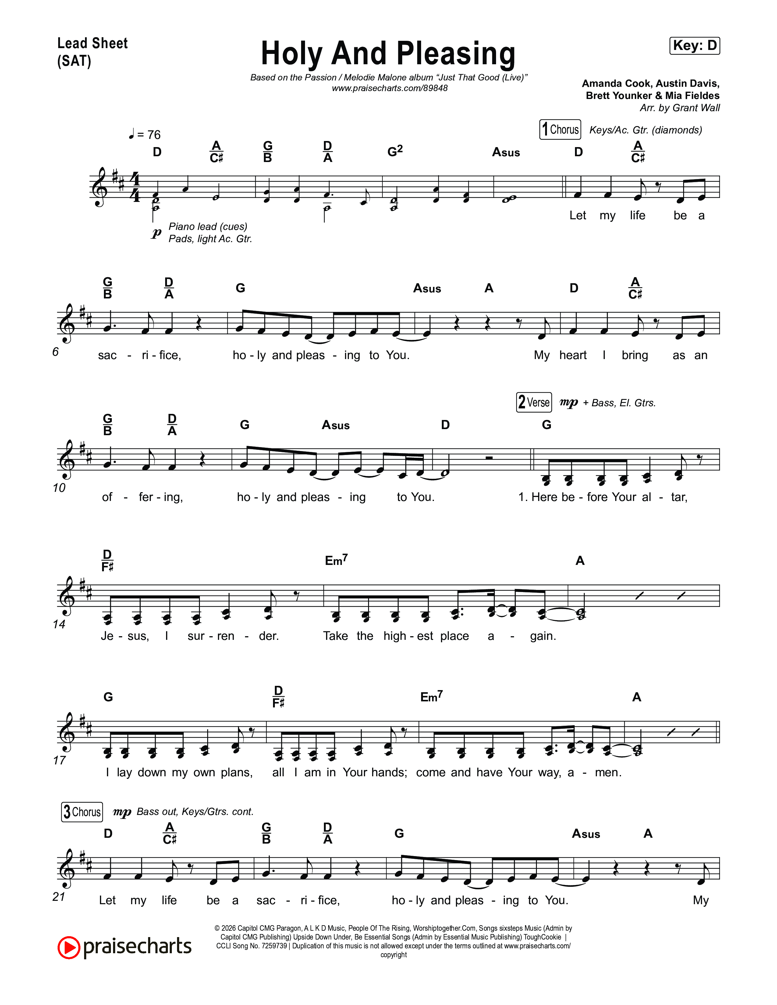 Holy And Pleasing (Live From Passion 2026) Lead Sheet (SAT) (Passion / Melodie Malone)