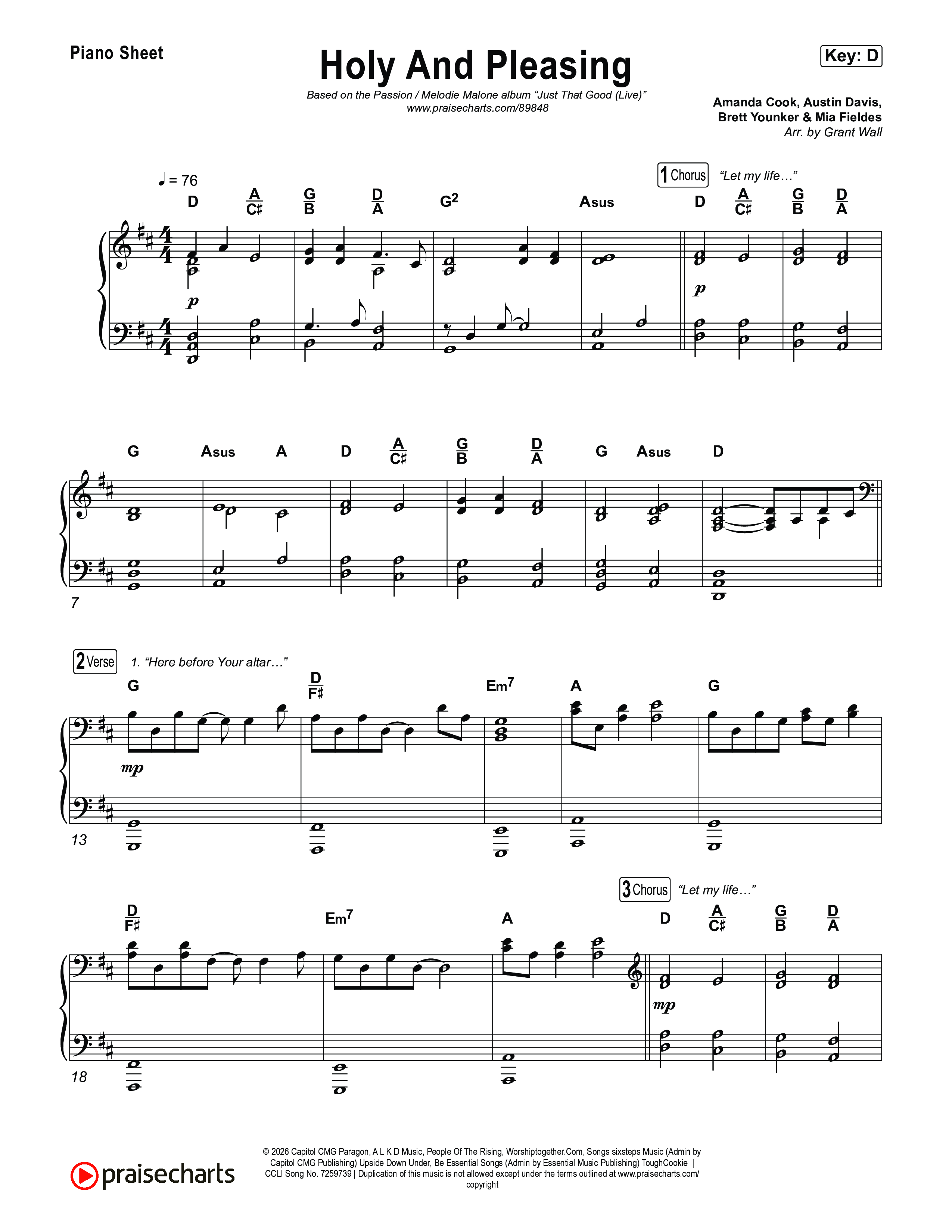 Holy And Pleasing (Live From Passion 2026) Piano Sheet (Passion / Melodie Malone)
