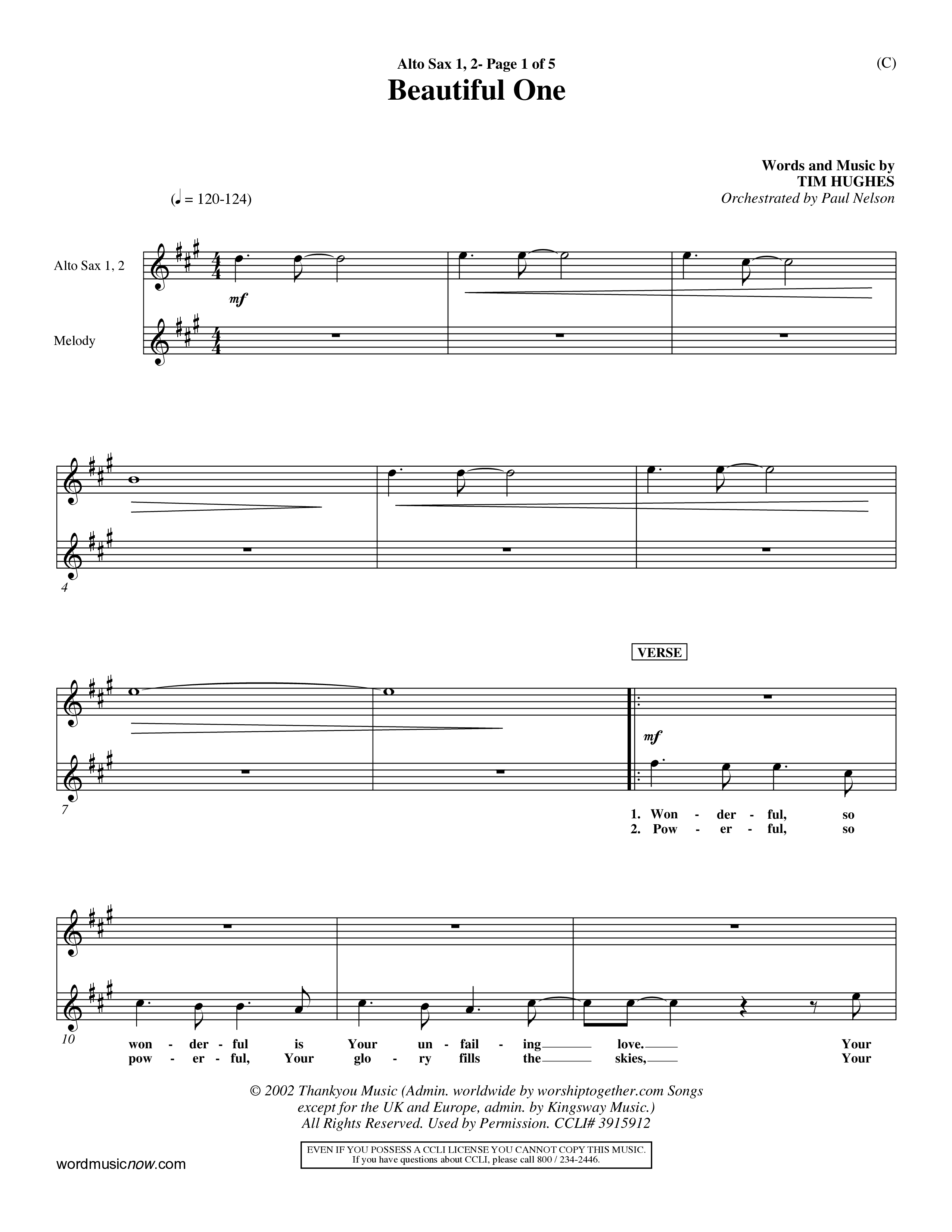 Beautiful One (Choral Anthem SATB) Alto Sax 1/2 (Word Music Choral / Orch. Paul Nelson)