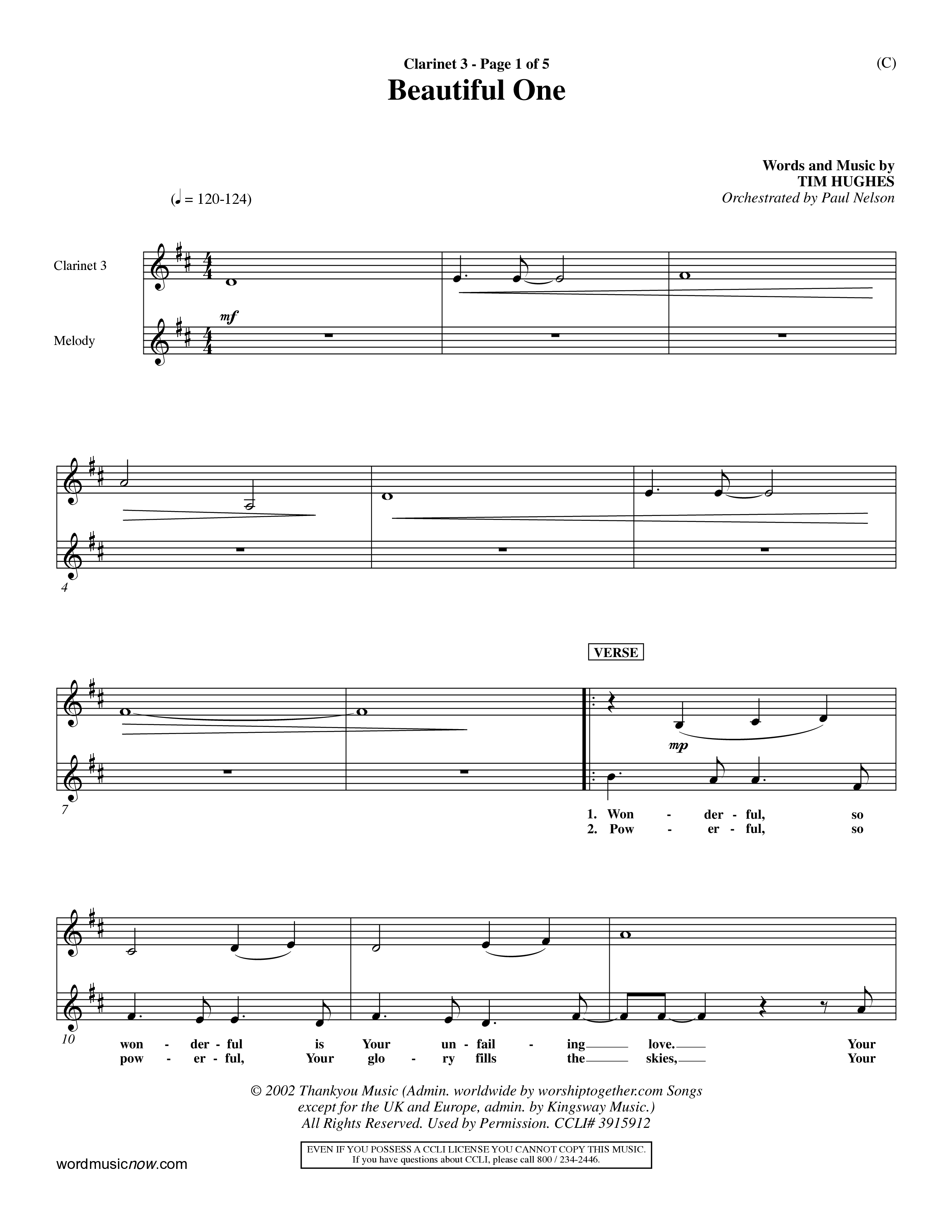 Beautiful One (Choral Anthem SATB) Clarinet 3 (Word Music Choral / Orch. Paul Nelson)