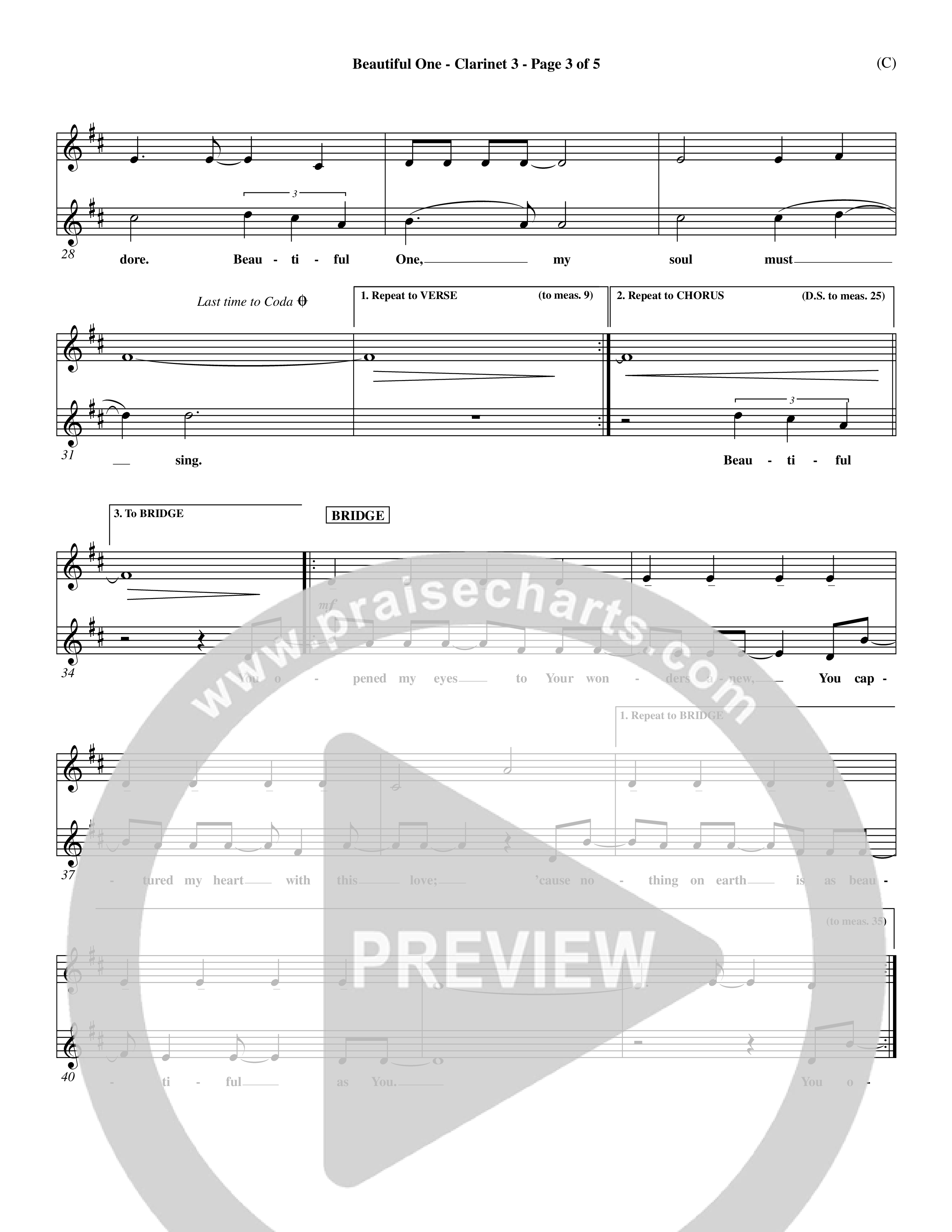 Beautiful One (Choral Anthem SATB) Clarinet 3 (Word Music Choral / Orch. Paul Nelson)