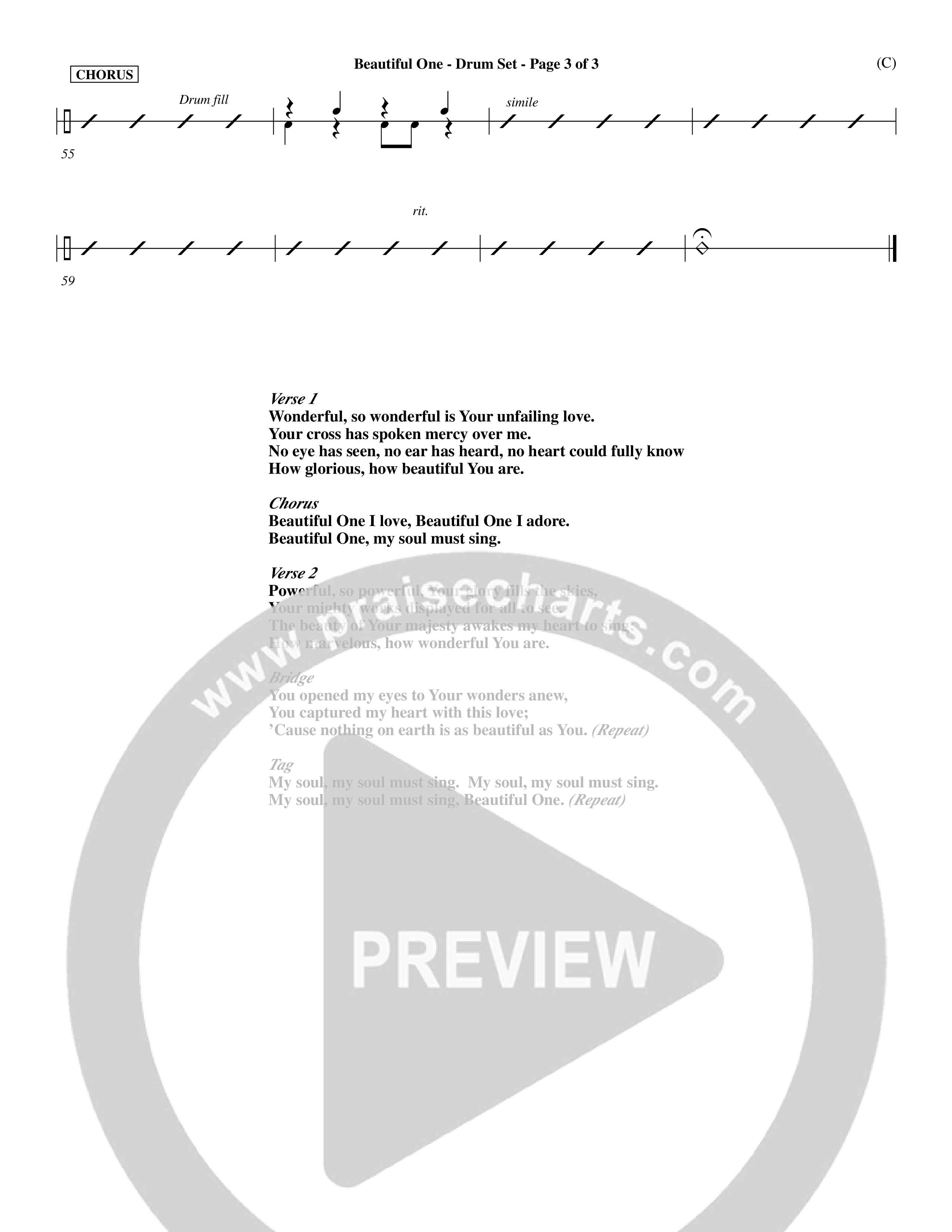 Beautiful One (Choral Anthem SATB) Drum Set (Word Music Choral / Orch. Paul Nelson)