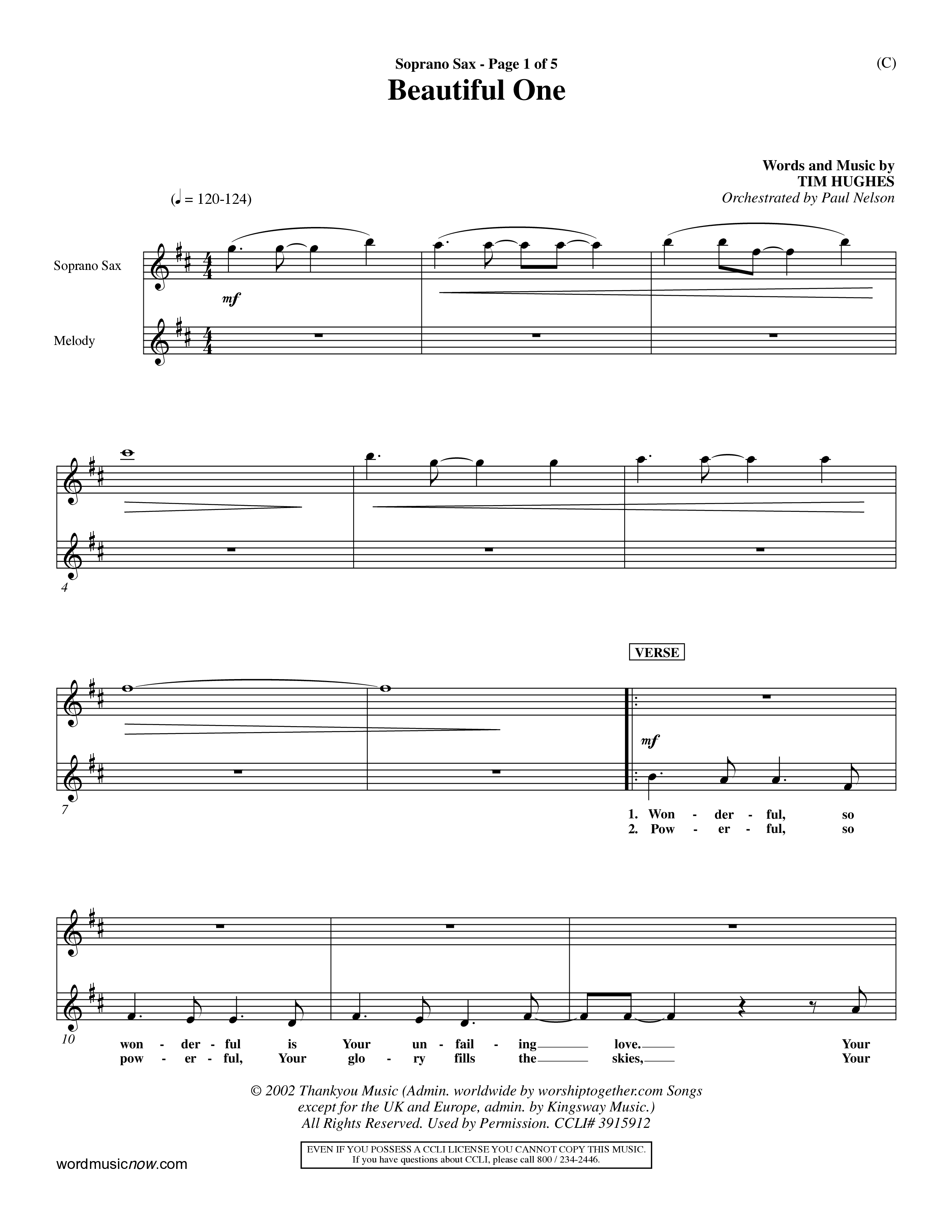 Beautiful One (Choral Anthem SATB) Saxophone (Word Music Choral / Orch. Paul Nelson)