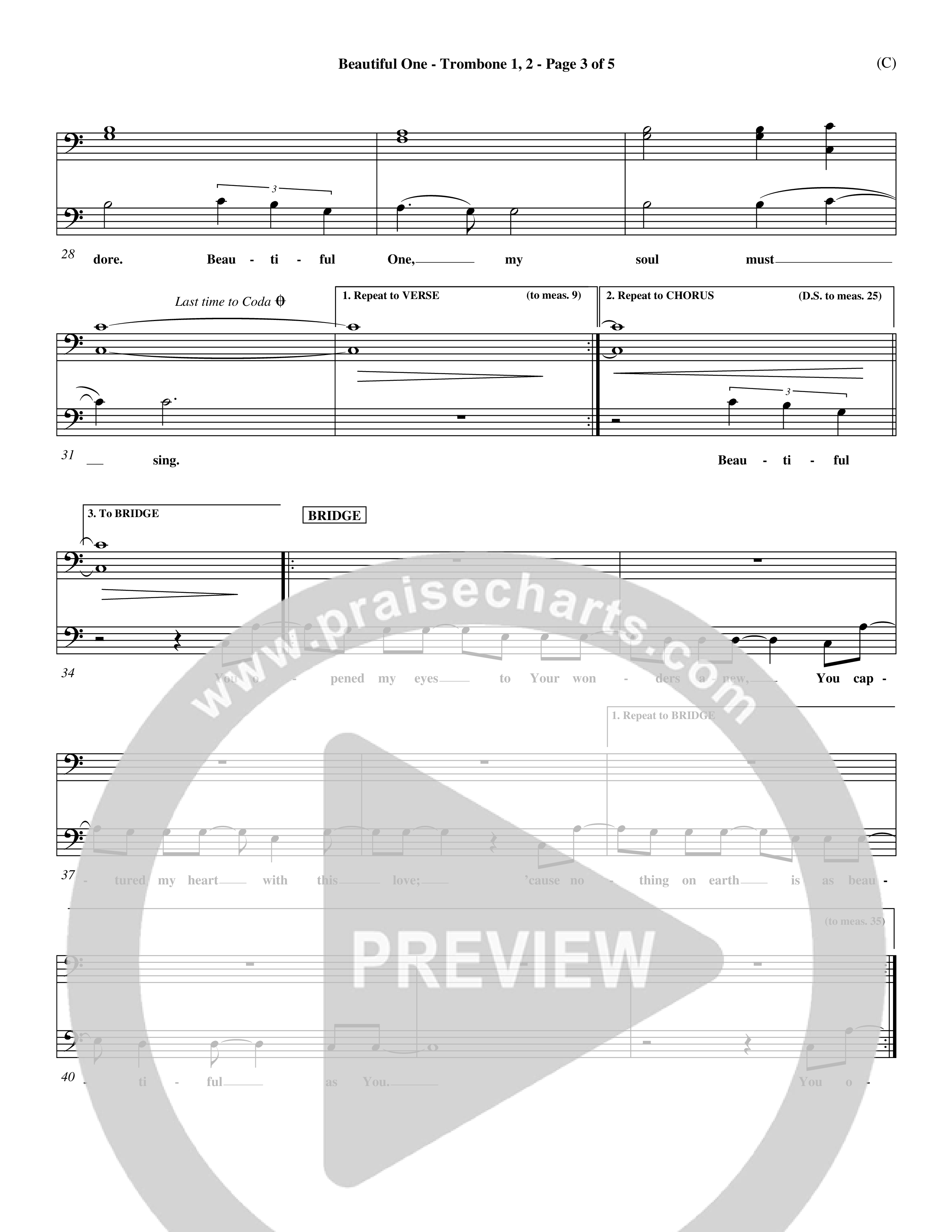 Beautiful One (Choral Anthem SATB) Trombone 1/2 (Word Music Choral / Orch. Paul Nelson)