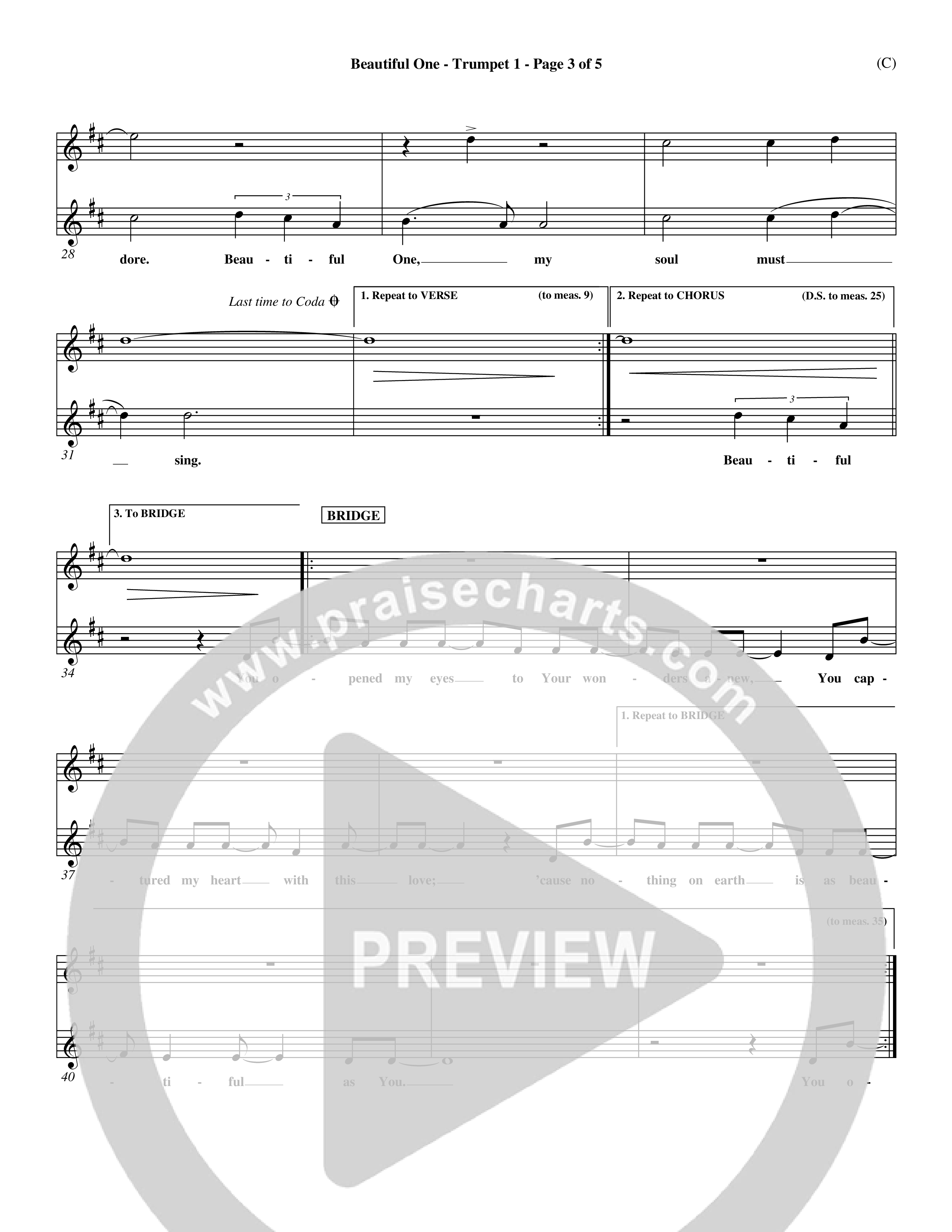 Beautiful One (Choral Anthem SATB) Trumpet 1 (Word Music Choral / Orch. Paul Nelson)