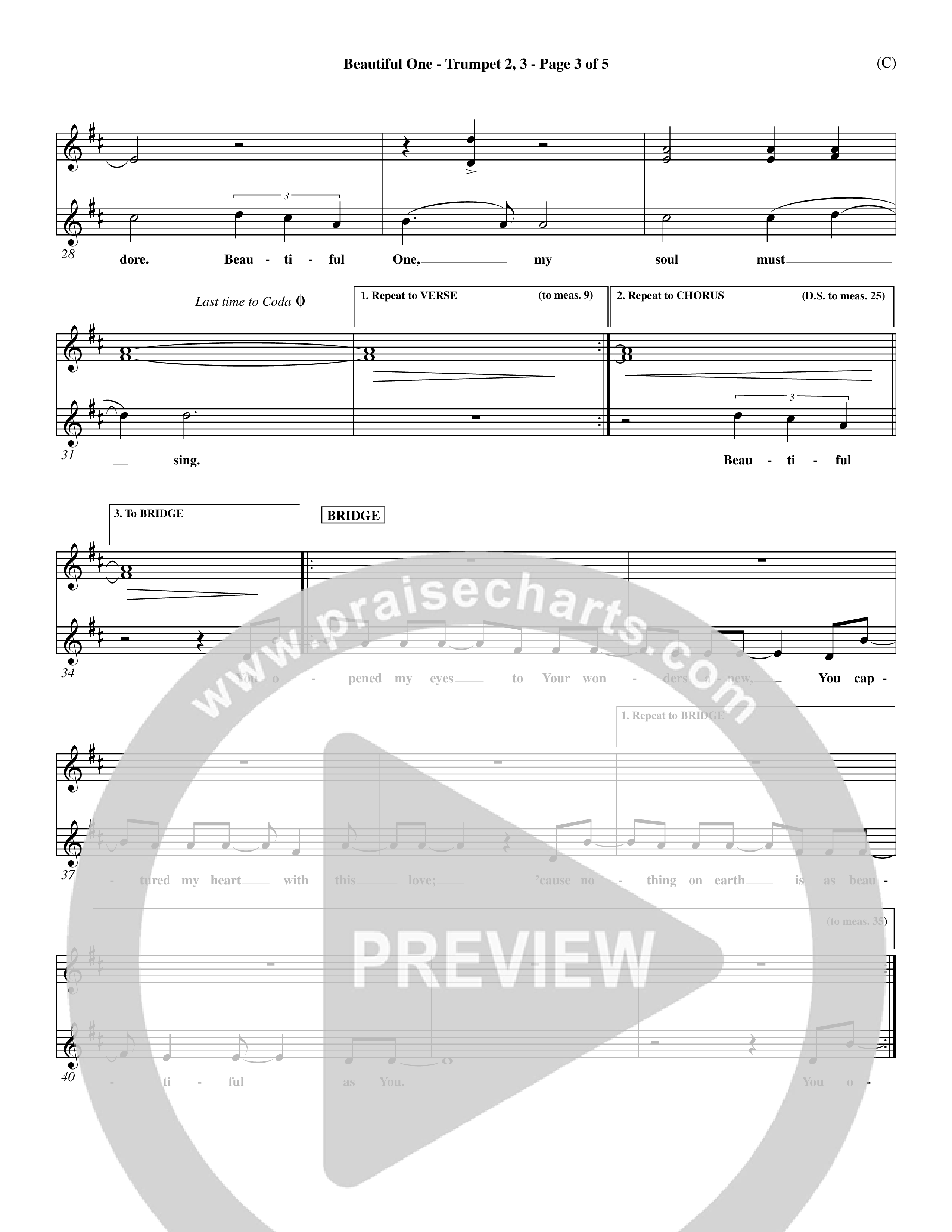 Beautiful One (Choral Anthem SATB) Trumpet 2/3 (Word Music Choral / Orch. Paul Nelson)