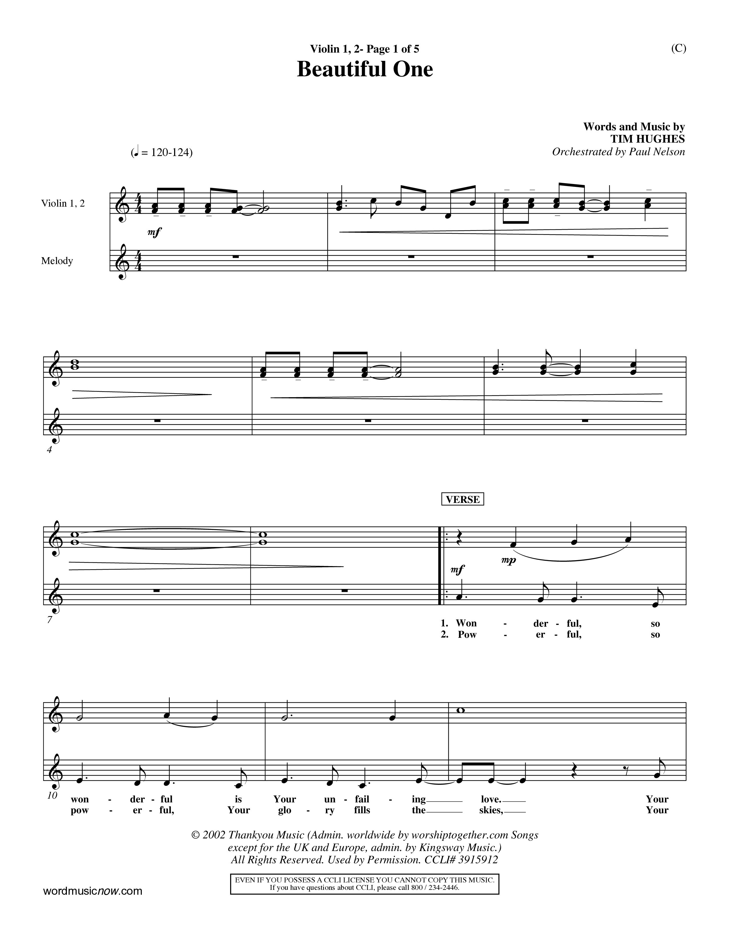 Beautiful One (Choral Anthem SATB) Violin 1/2 (Word Music Choral / Orch. Paul Nelson)
