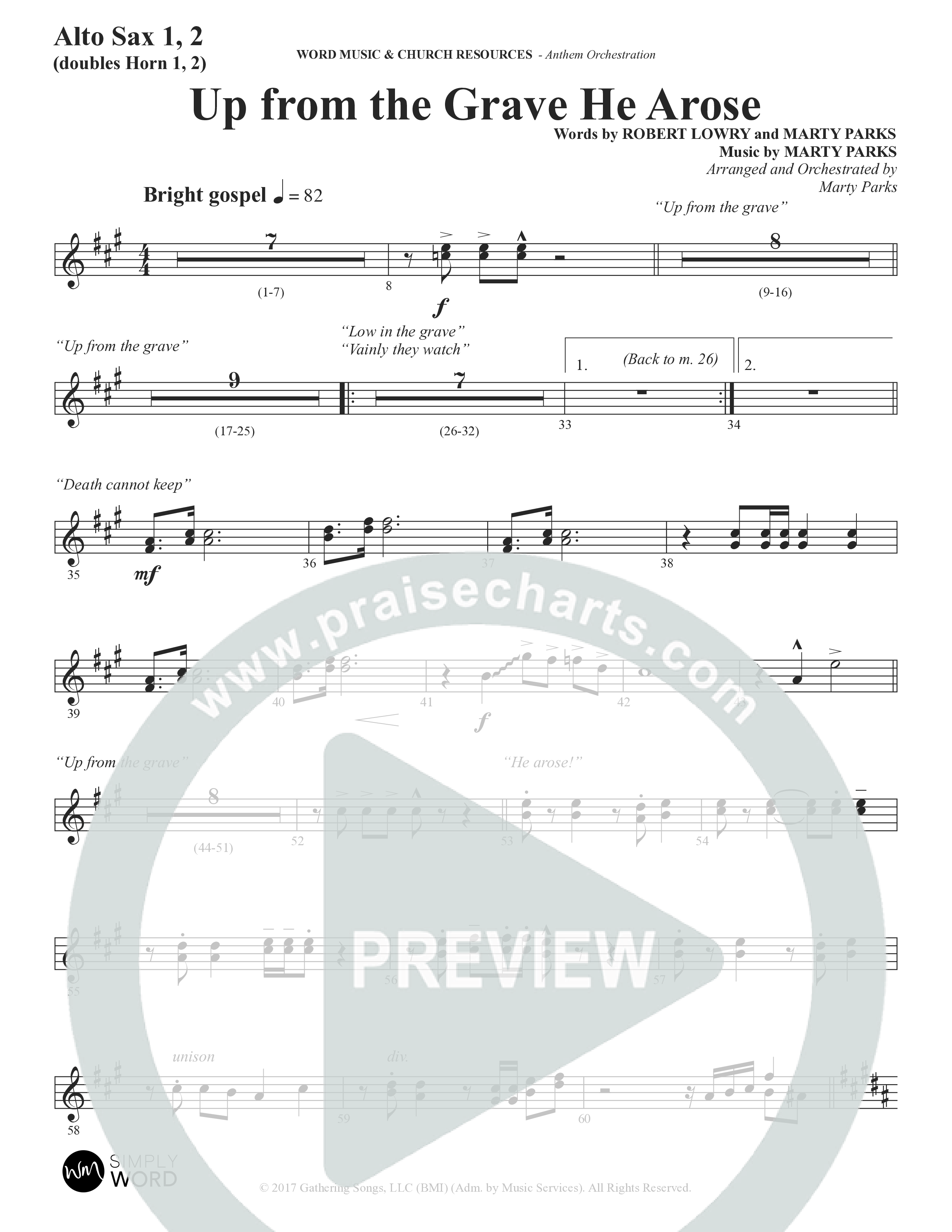 Up From The Grave He Arose (Choral Anthem SATB) Alto Sax 1/2 (Word Music Choral / Arr. Marty Parks)