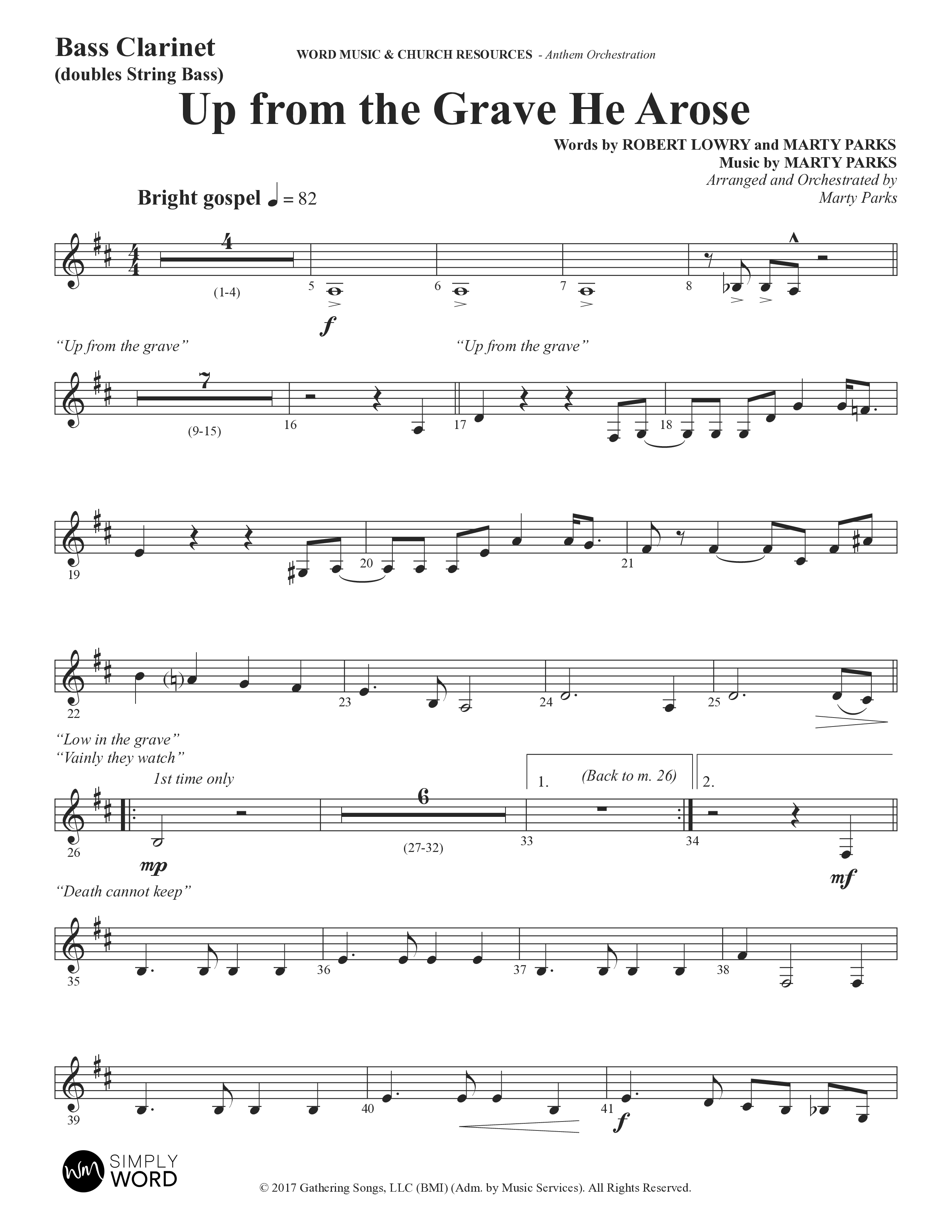 Up From The Grave He Arose (Choral Anthem SATB) Bass Clarinet (Word Music Choral / Arr. Marty Parks)