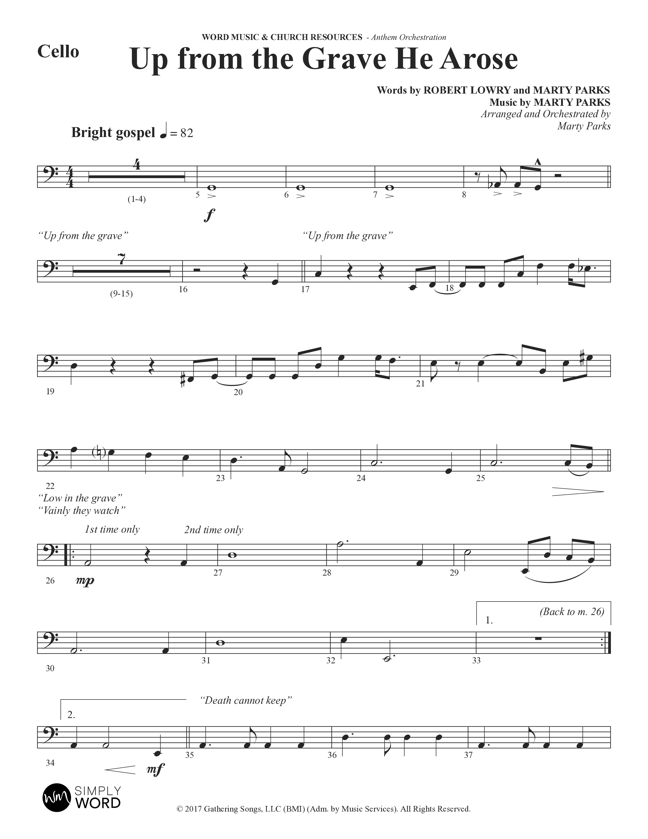 Up From The Grave He Arose (Choral Anthem SATB) Cello (Word Music Choral / Arr. Marty Parks)