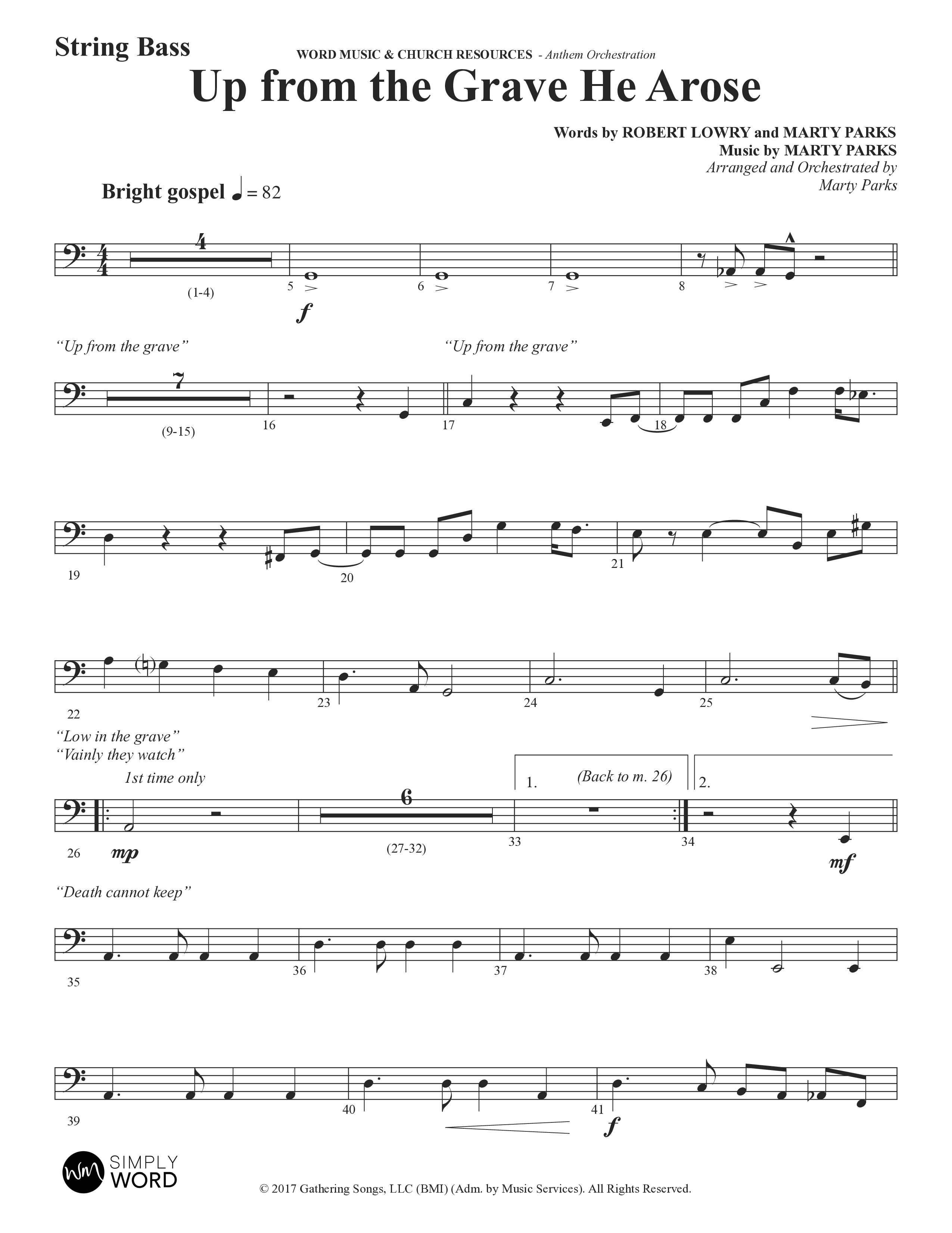 Up From The Grave He Arose (Choral Anthem SATB) String Bass (Word Music Choral / Arr. Marty Parks)