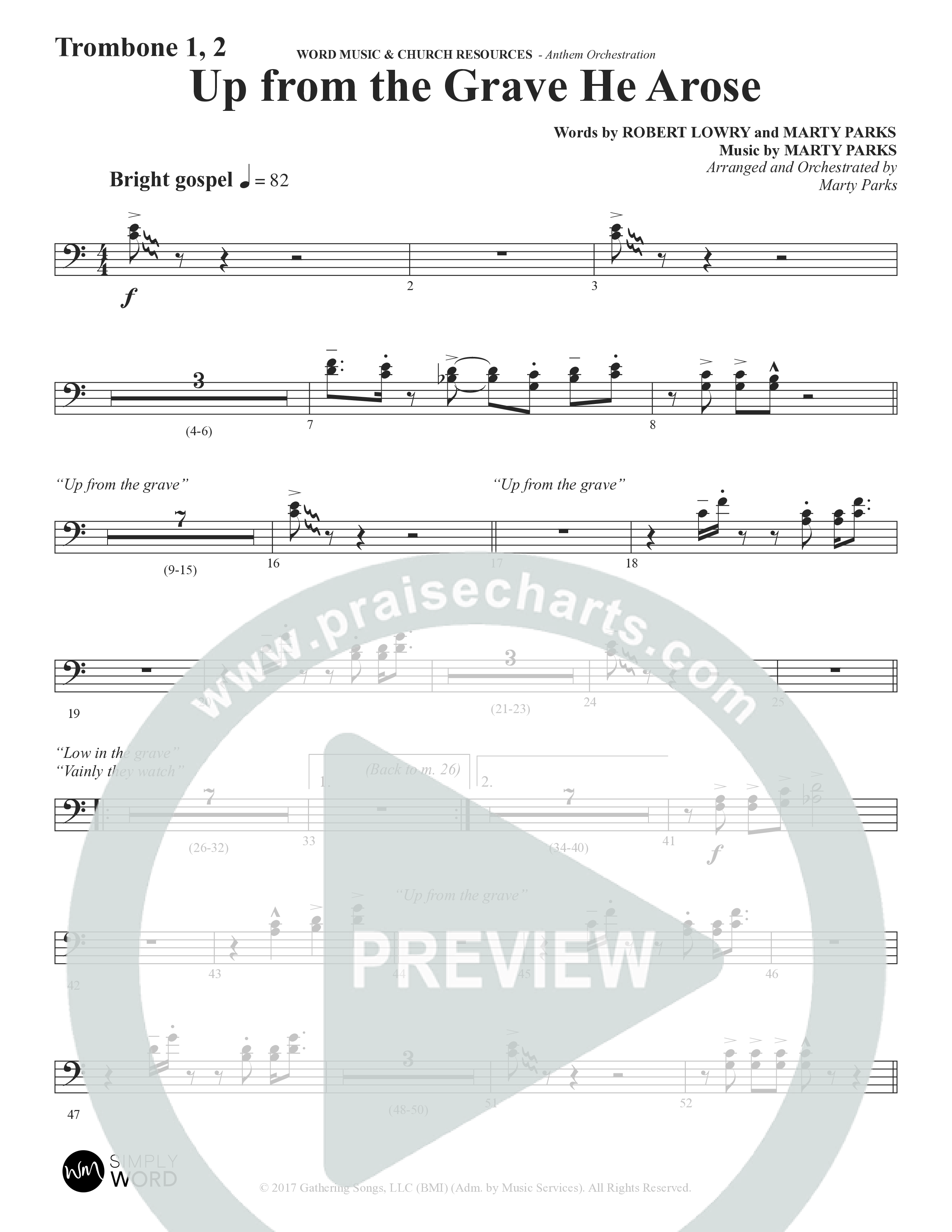 Up From The Grave He Arose (Choral Anthem SATB) Trombone 1/2 (Word Music Choral / Arr. Marty Parks)