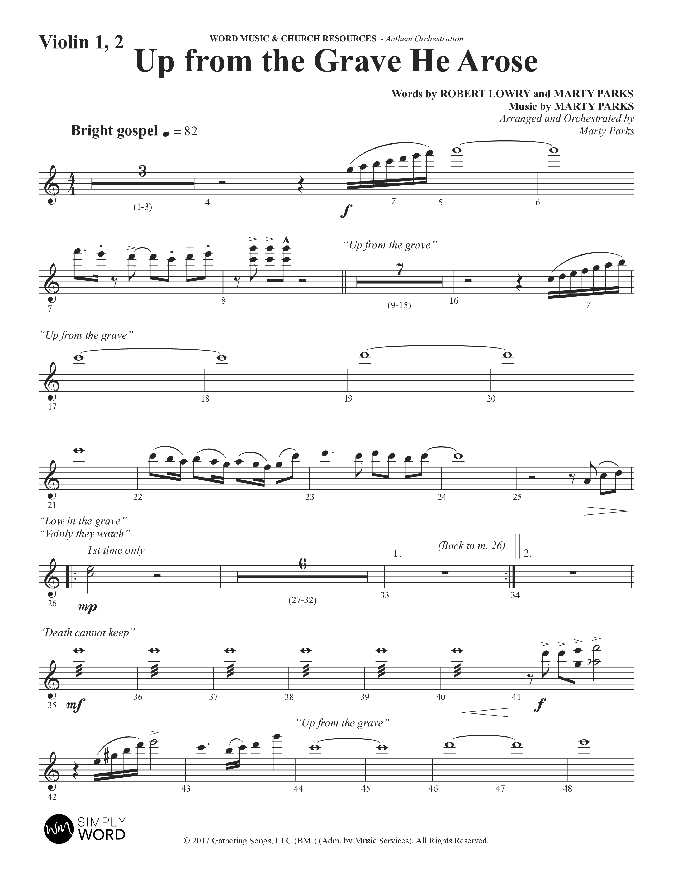 Up From The Grave He Arose (Choral Anthem SATB) Violin 1/2 (Word Music Choral / Arr. Marty Parks)