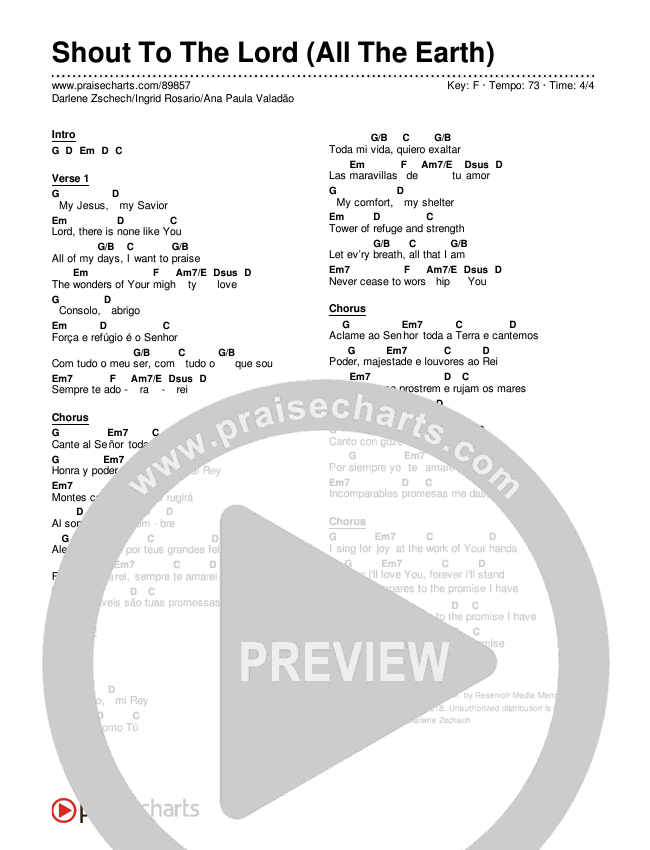 Shout To The Lord (All The Earth) Chord Chart (Darlene Zschech / Ingrid Rosario / Ana Paula Valadão)