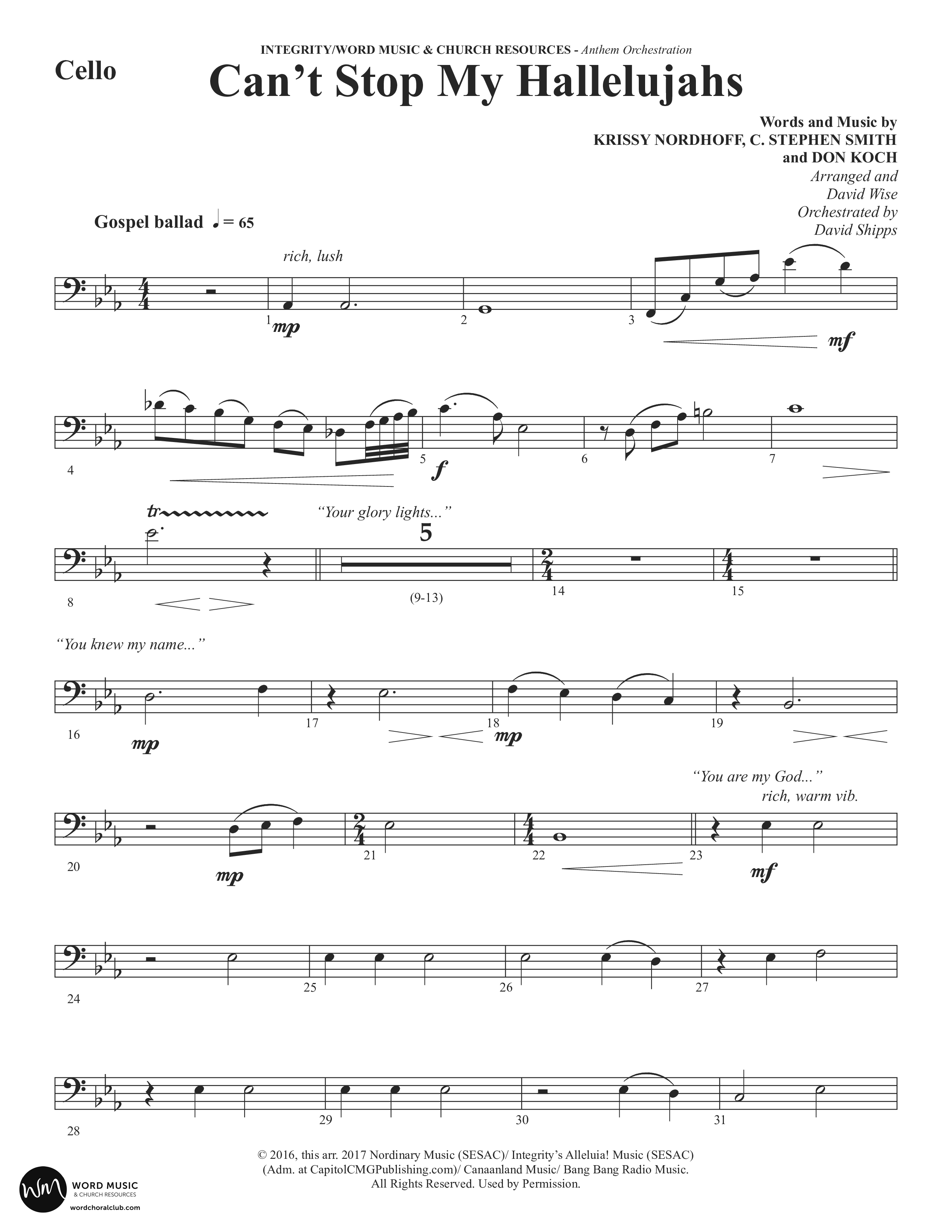Can't Stop My Hallelujahs (Choral Anthem SATB) Cello (Word Music Choral / Arr. David Wise)