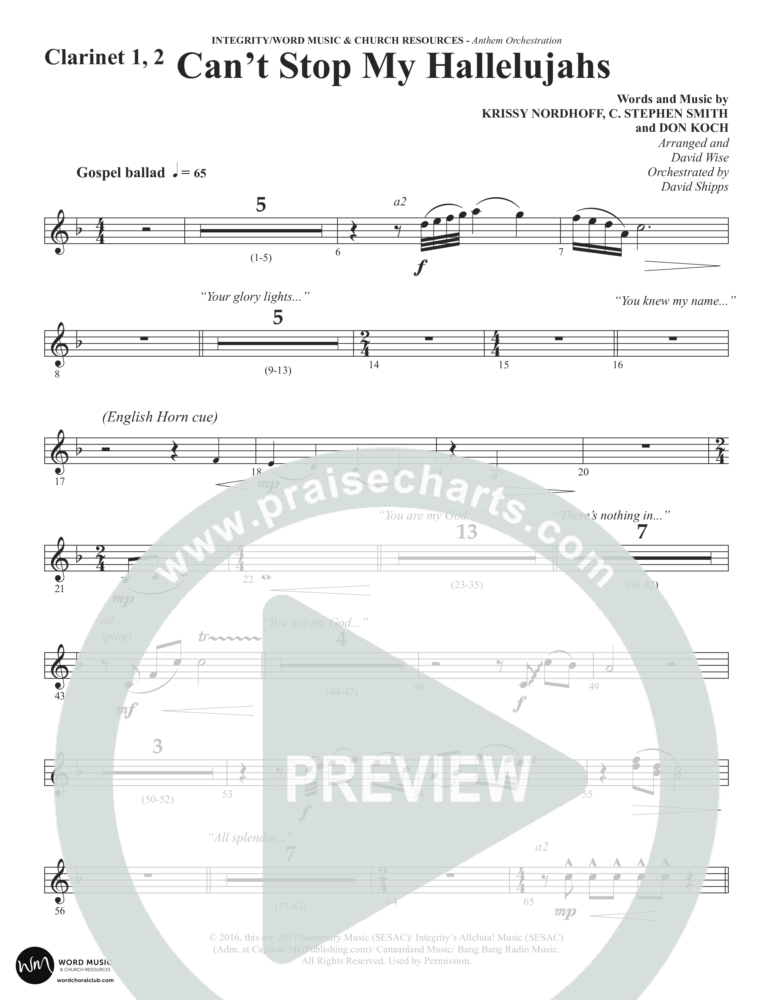 Can't Stop My Hallelujahs (Choral Anthem SATB) Clarinet 1/2 (Word Music Choral / Arr. David Wise)
