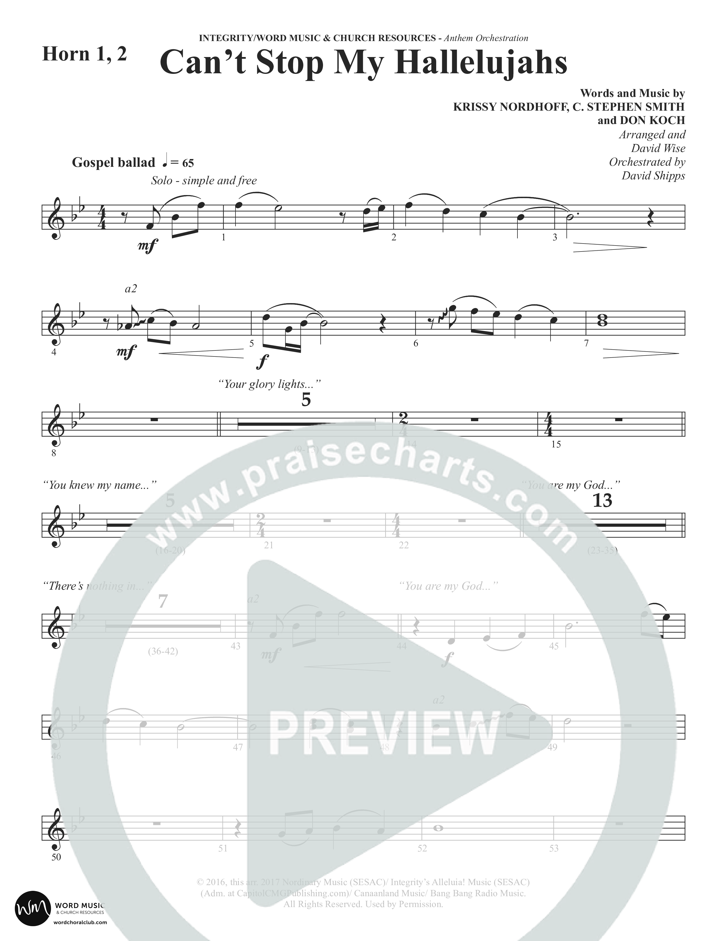 Can't Stop My Hallelujahs (Choral Anthem SATB) French Horn 1/2 (Word Music Choral / Arr. David Wise)