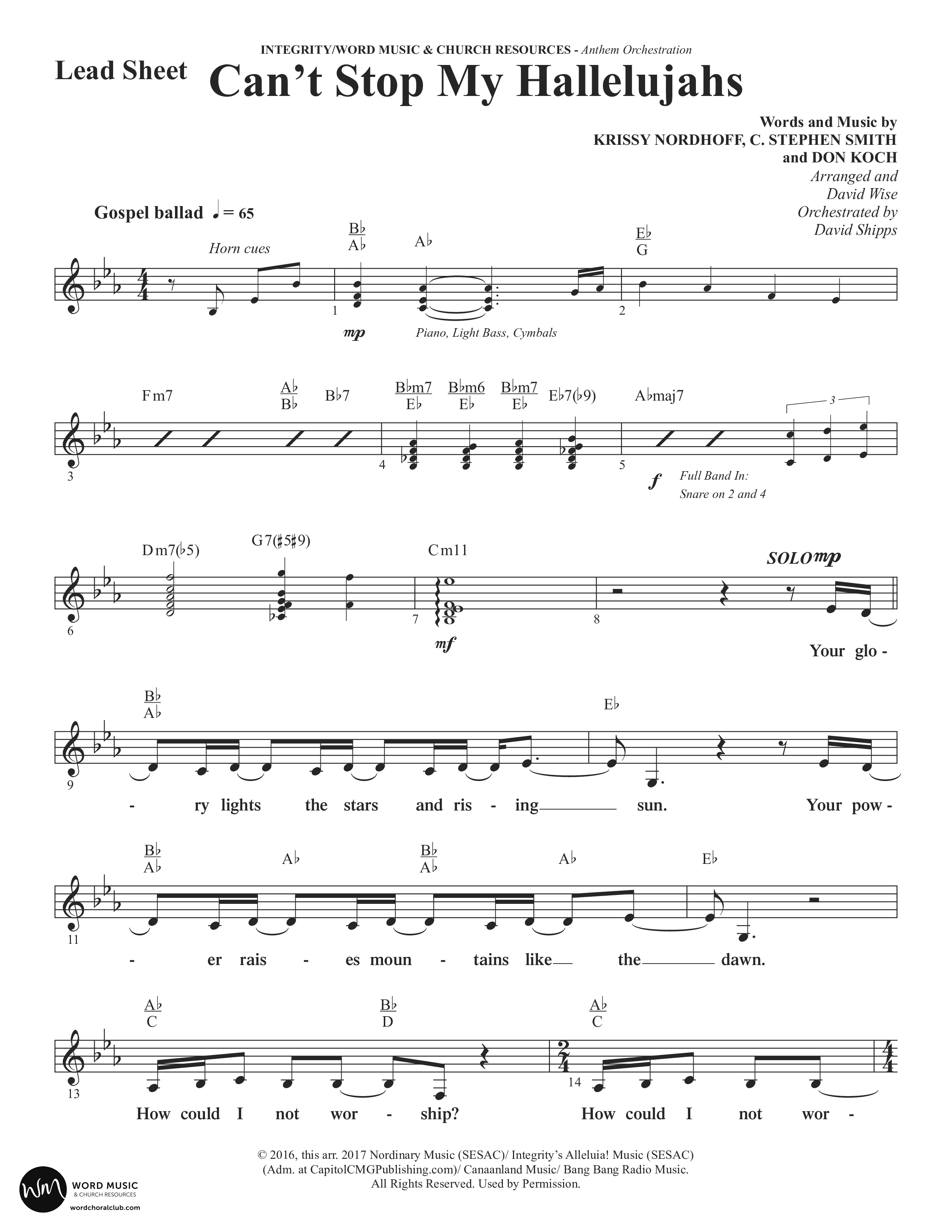 Can't Stop My Hallelujahs (Choral Anthem SATB) Lead Sheet (Melody) (Word Music Choral / Arr. David Wise)