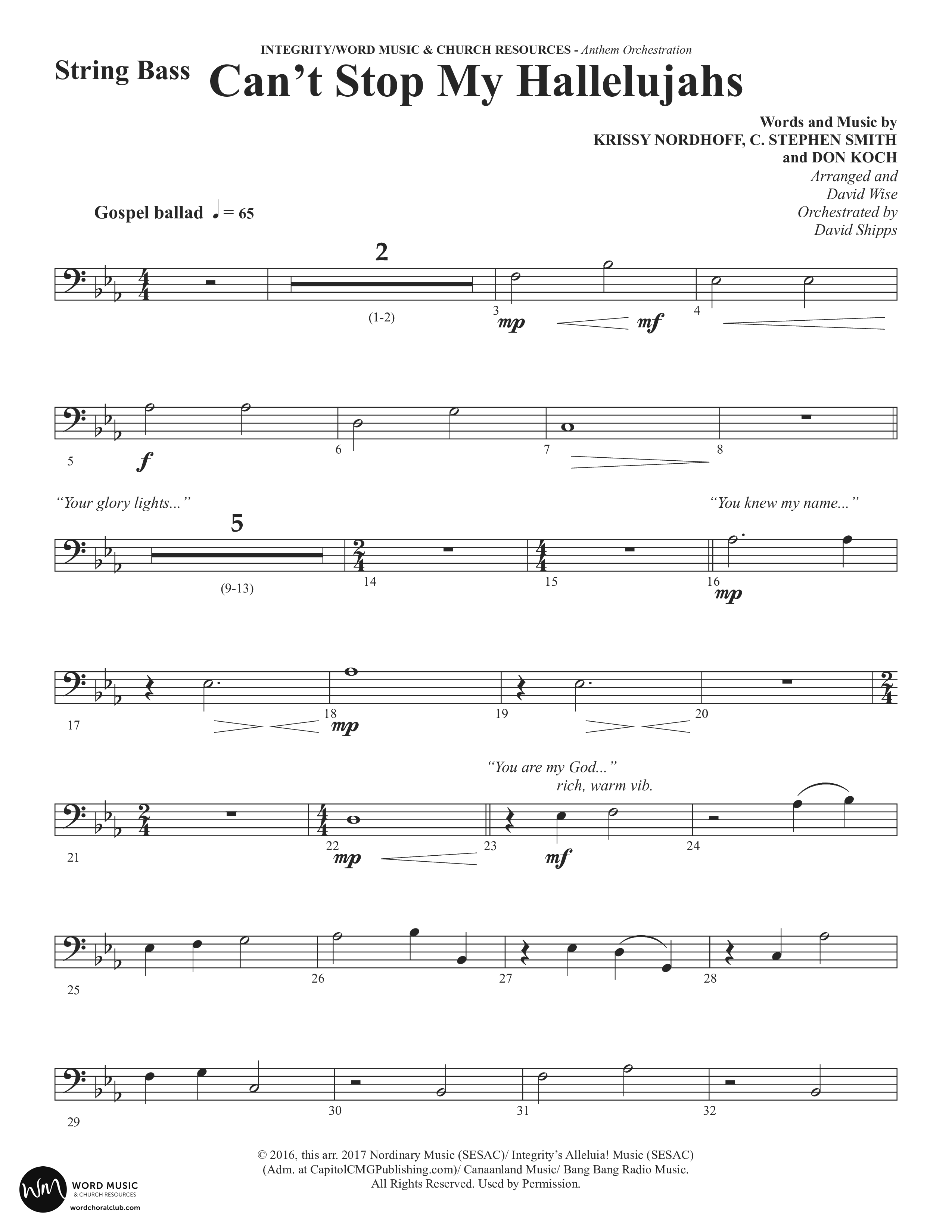 Can't Stop My Hallelujahs (Choral Anthem SATB) String Bass (Word Music Choral / Arr. David Wise)