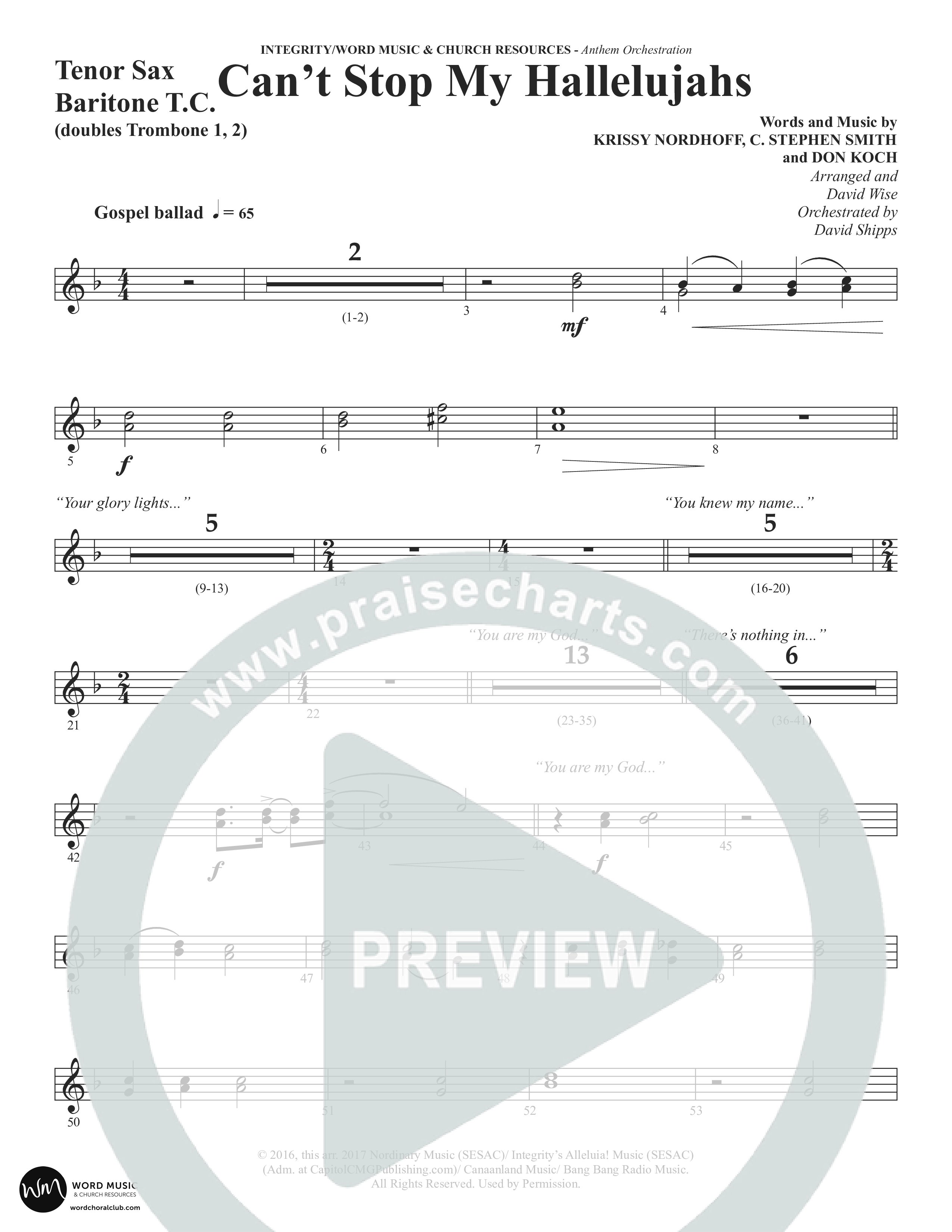 Can't Stop My Hallelujahs (Choral Anthem SATB) Tenor Sax/Baritone T.C. (Word Music Choral / Arr. David Wise)
