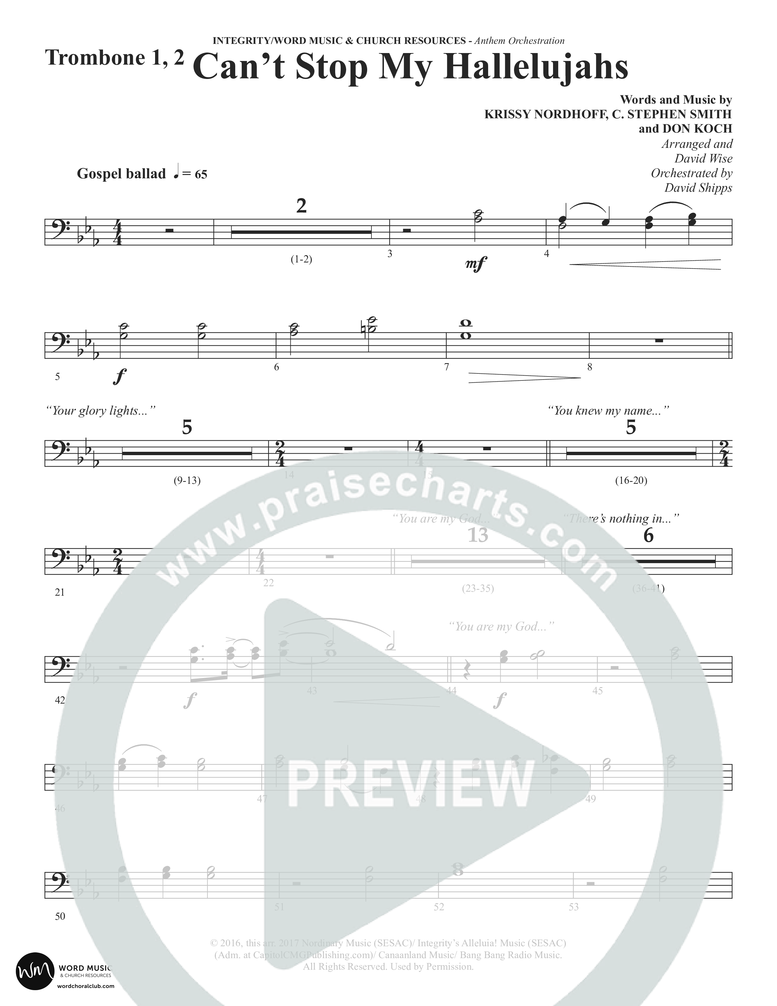 Can't Stop My Hallelujahs (Choral Anthem SATB) Trombone 1/2 (Word Music Choral / Arr. David Wise)