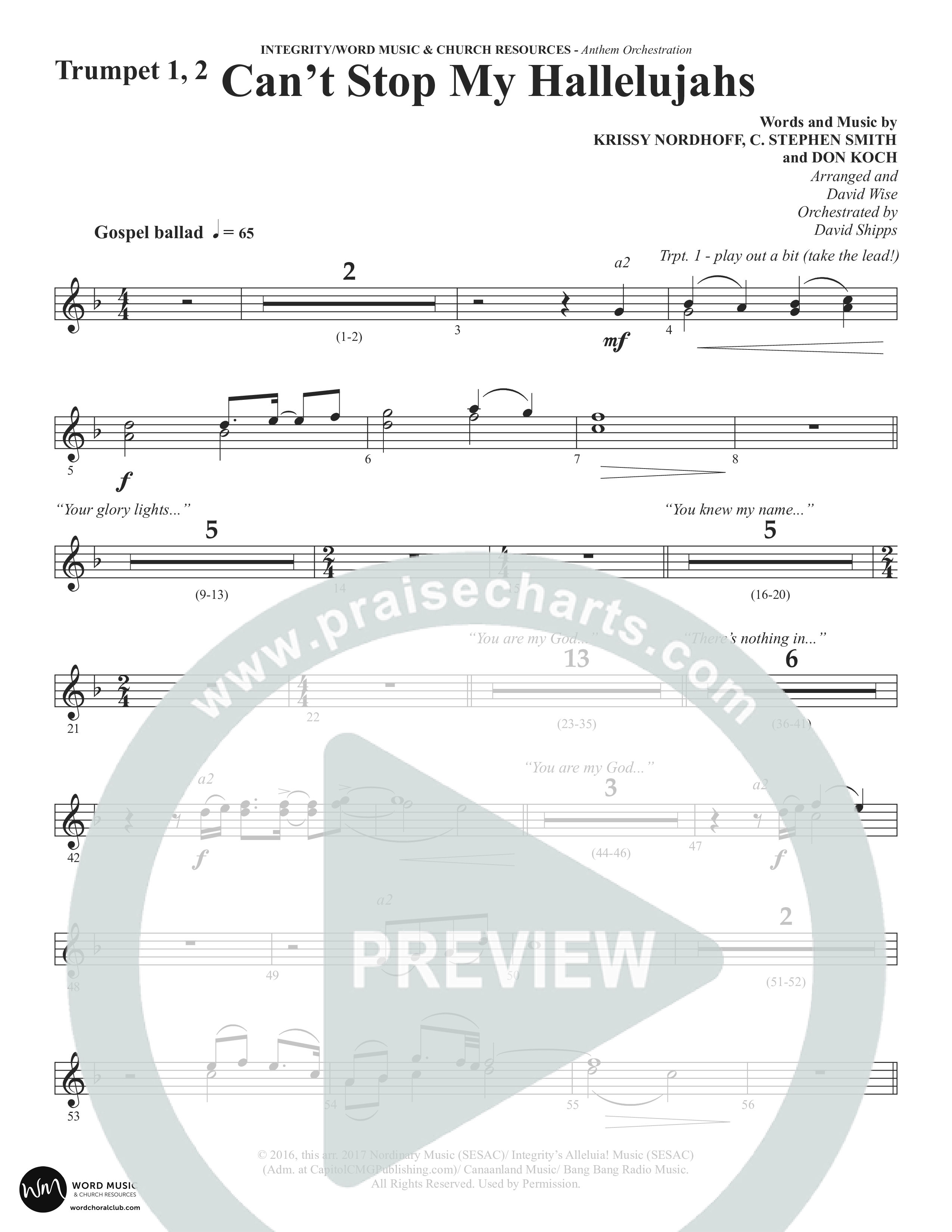 Can't Stop My Hallelujahs (Choral Anthem SATB) Trumpet 1,2 (Word Music Choral / Arr. David Wise)