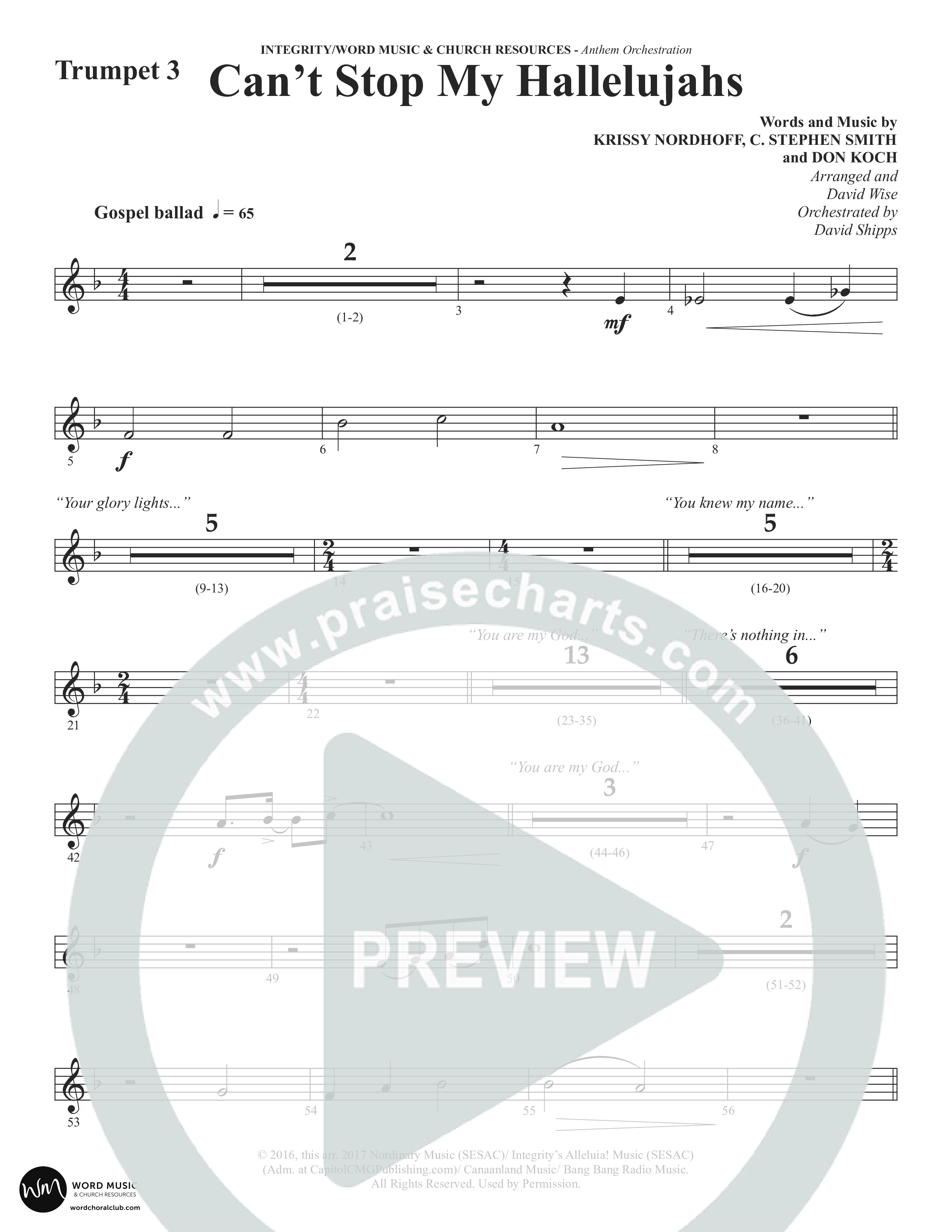 Can't Stop My Hallelujahs (Choral Anthem SATB) Trumpet 3 (Word Music Choral / Arr. David Wise)