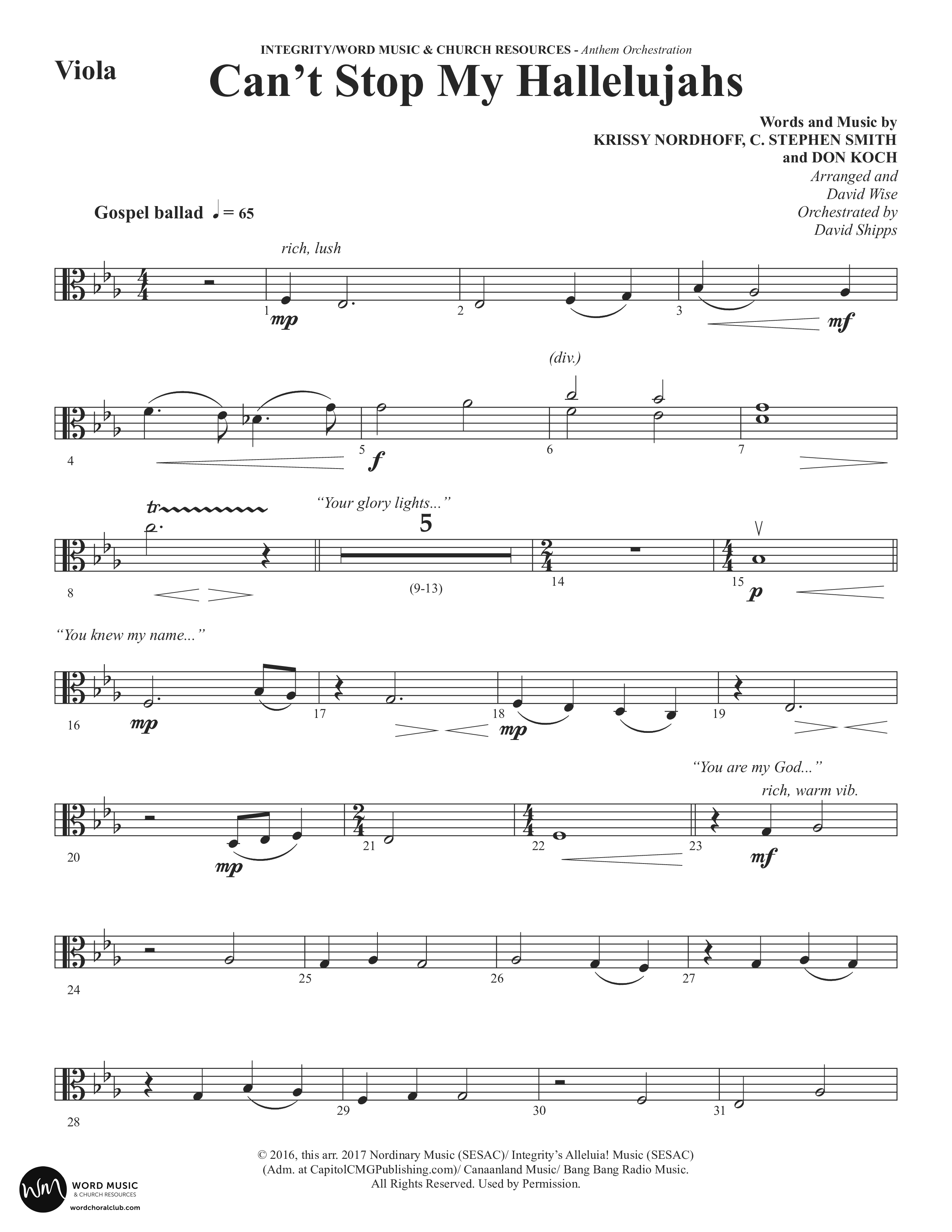 Can't Stop My Hallelujahs (Choral Anthem SATB) Viola (Word Music Choral / Arr. David Wise)
