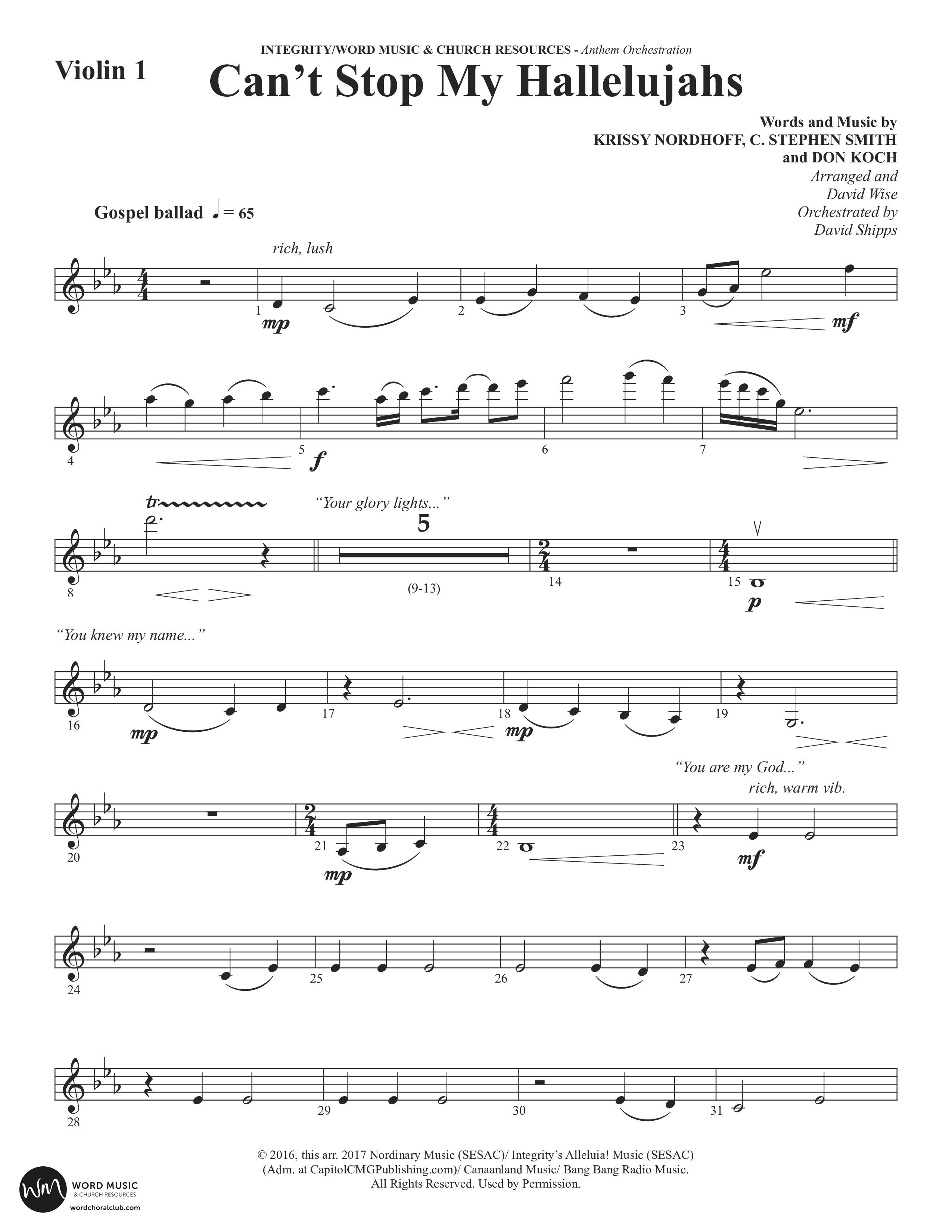Can't Stop My Hallelujahs (Choral Anthem SATB) Violin 1/2 (Word Music Choral / Arr. David Wise)