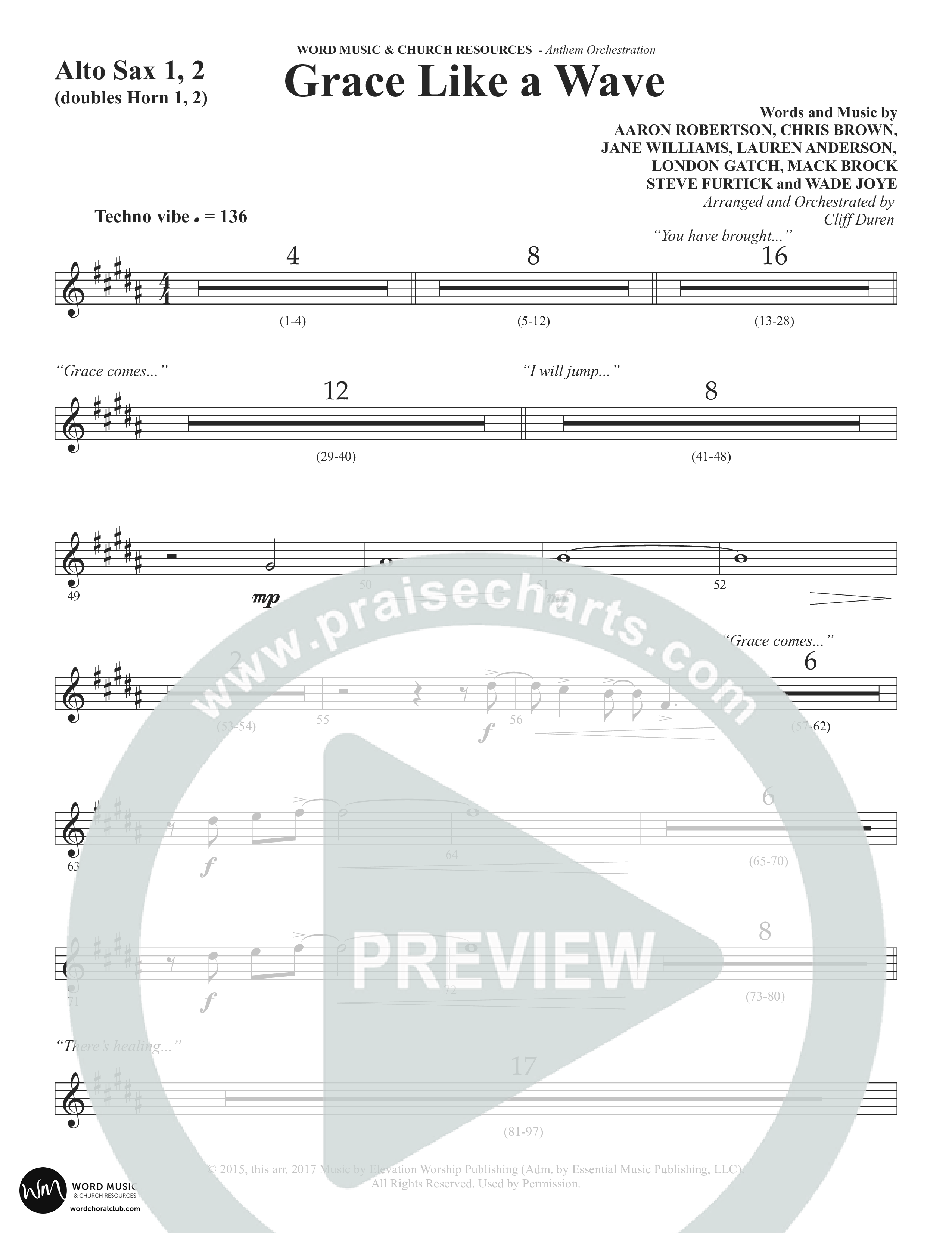 Grace Like A Wave (Choral Anthem SATB) Alto Sax 1/2 (Word Music Choral / Arr. Cliff Duren)