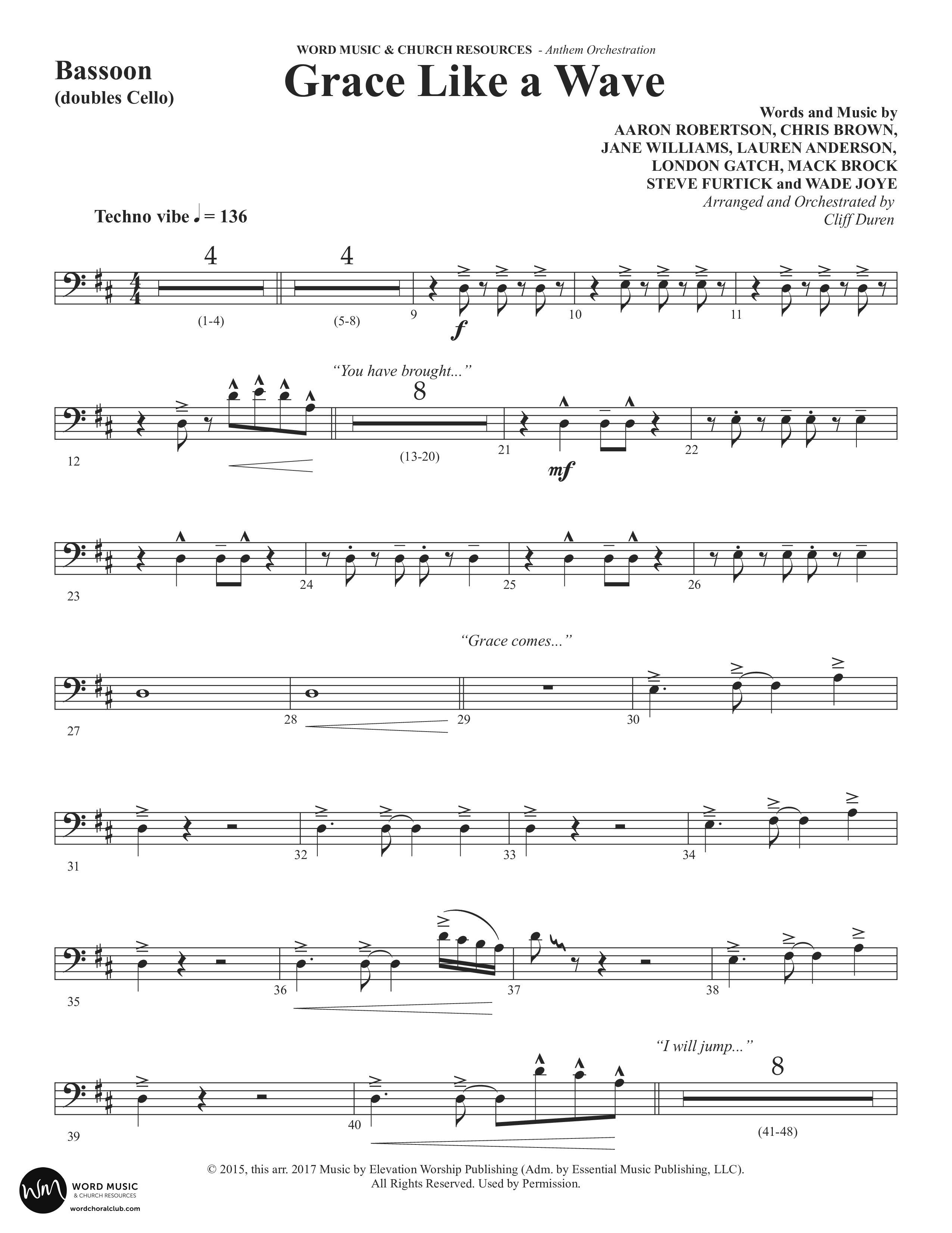 Grace Like A Wave (Choral Anthem SATB) Bassoon (Word Music Choral / Arr. Cliff Duren)