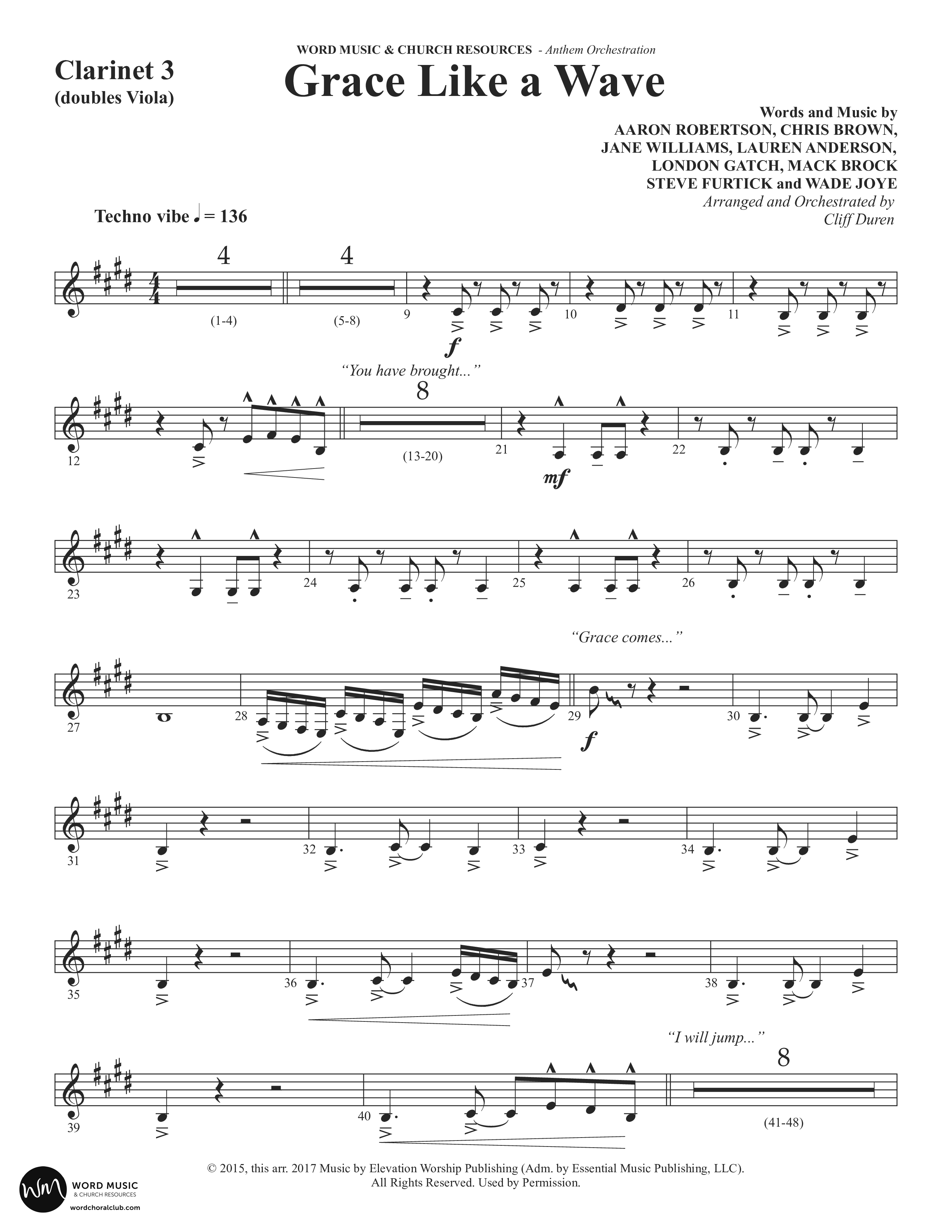 Grace Like A Wave (Choral Anthem SATB) Clarinet 3 (Word Music Choral / Arr. Cliff Duren)
