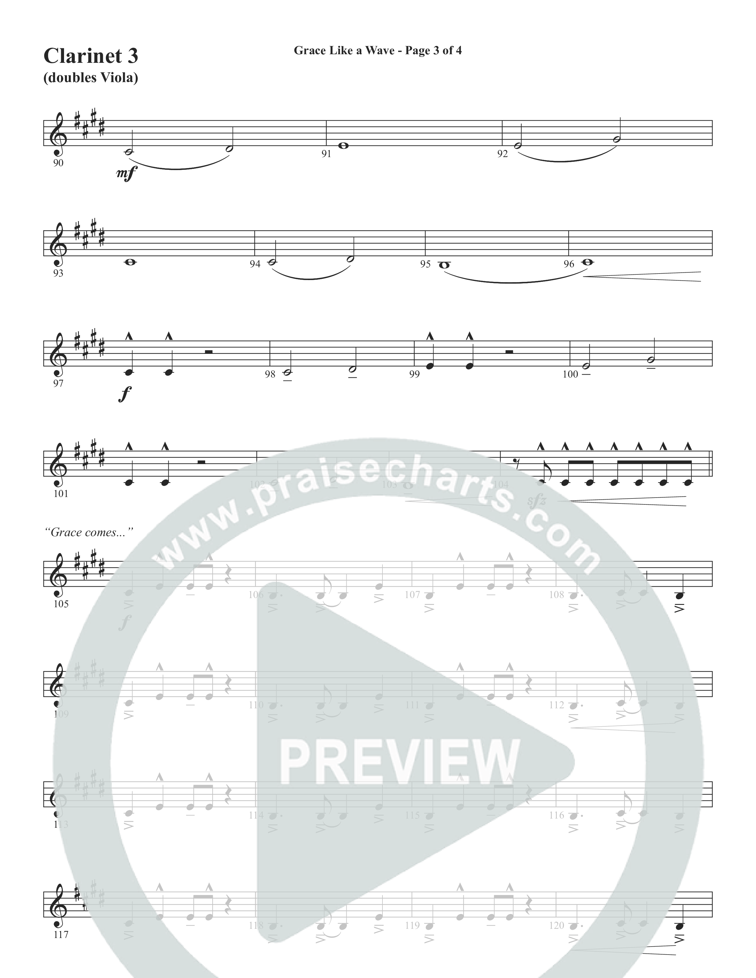 Grace Like A Wave (Choral Anthem SATB) Clarinet 3 (Word Music Choral / Arr. Cliff Duren)