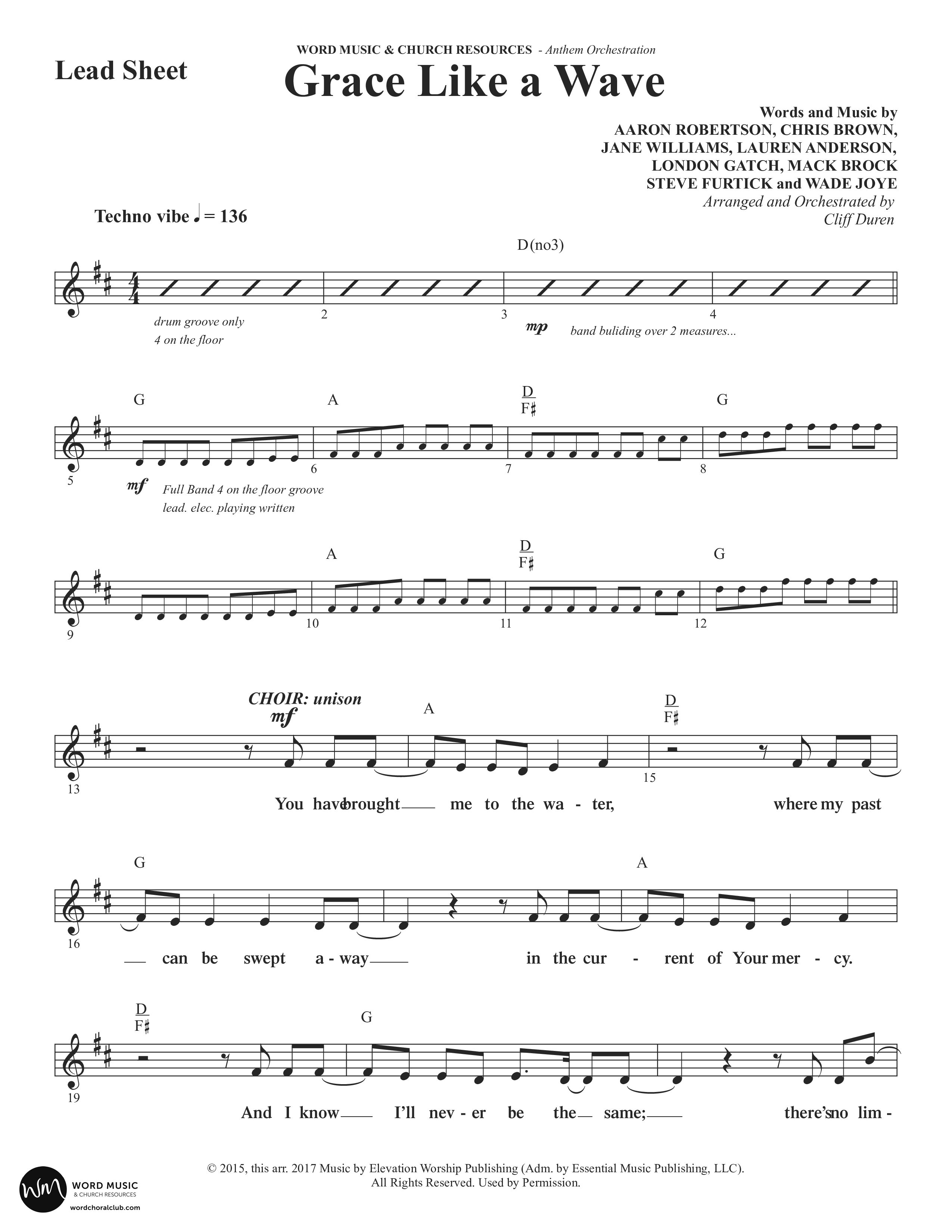 Grace Like A Wave (Choral Anthem SATB) Lead Sheet (Melody) (Word Music Choral / Arr. Cliff Duren)