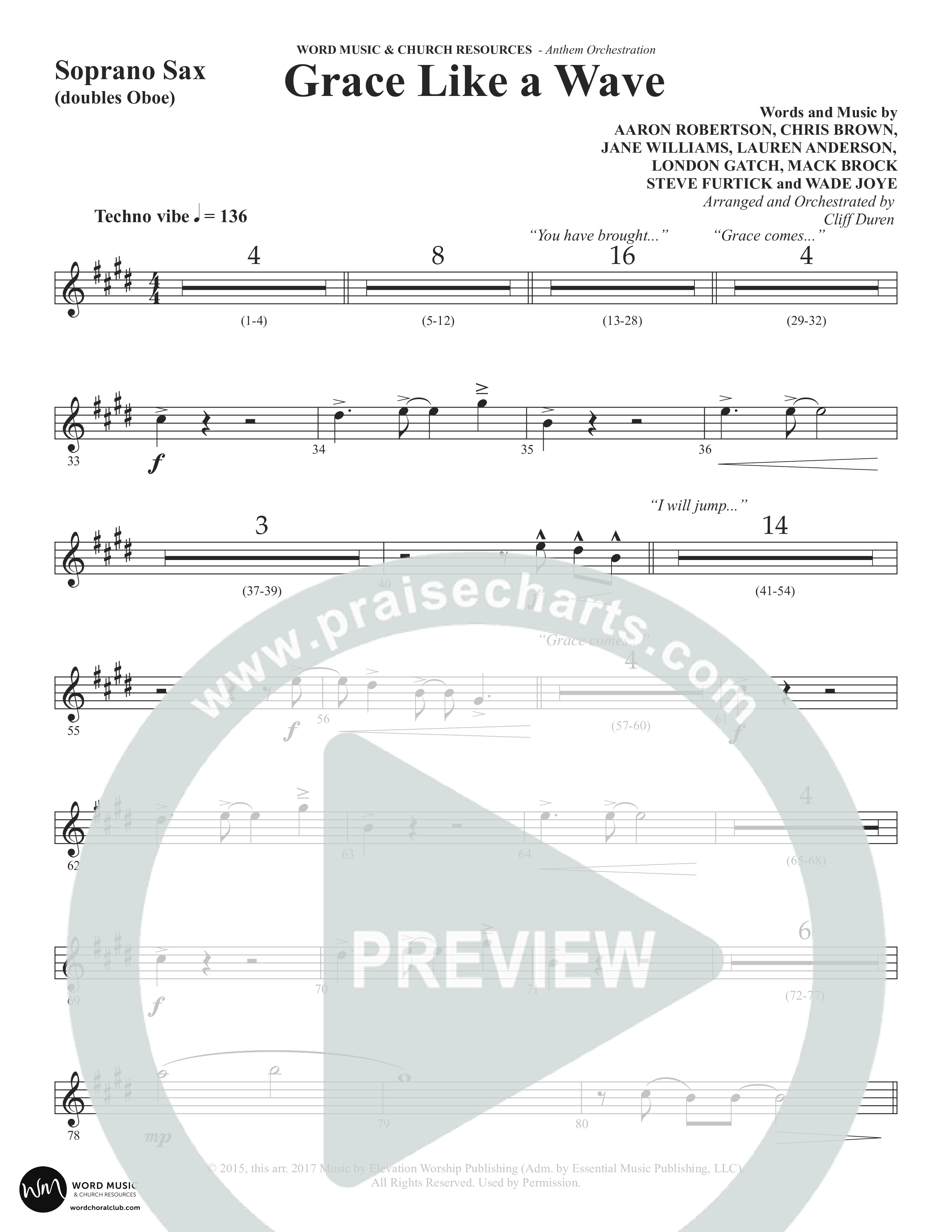 Grace Like A Wave (Choral Anthem SATB) Soprano Sax (Word Music Choral / Arr. Cliff Duren)
